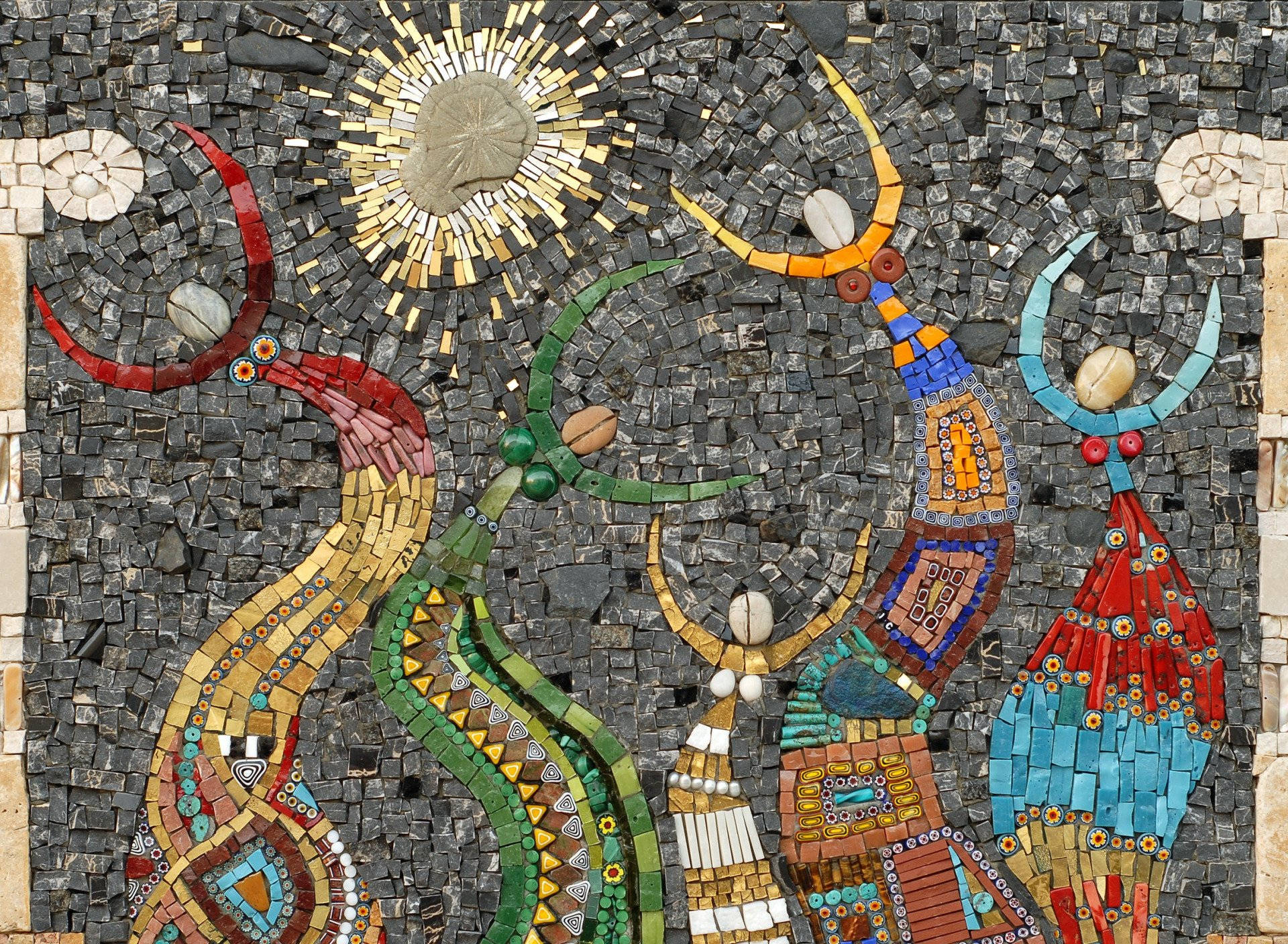 ancient mosaic, stylized human figures, curved horns, Full HD Desktop Wallpaper
