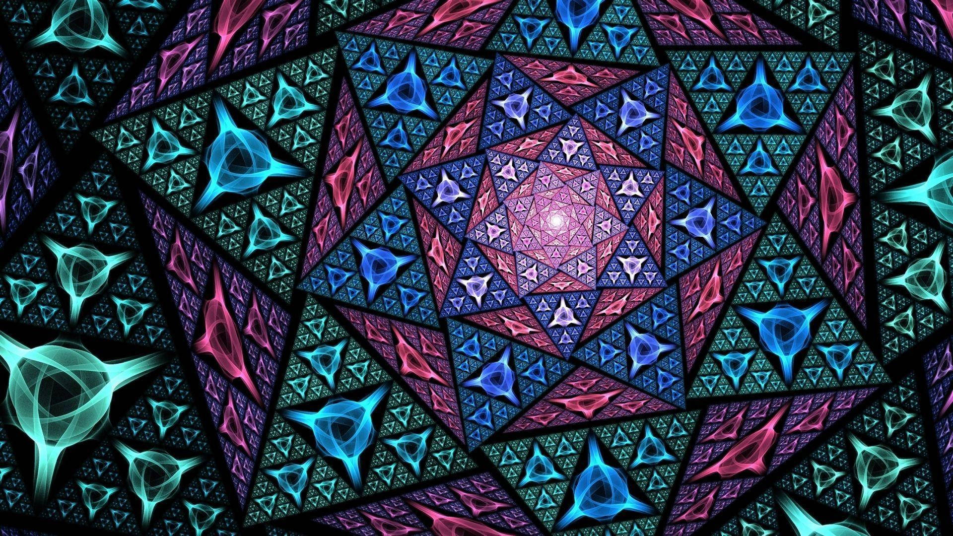 kaleidoscope triangle mosaic, neon fractal pattern, electric blue, Full HD Desktop Wallpaper
