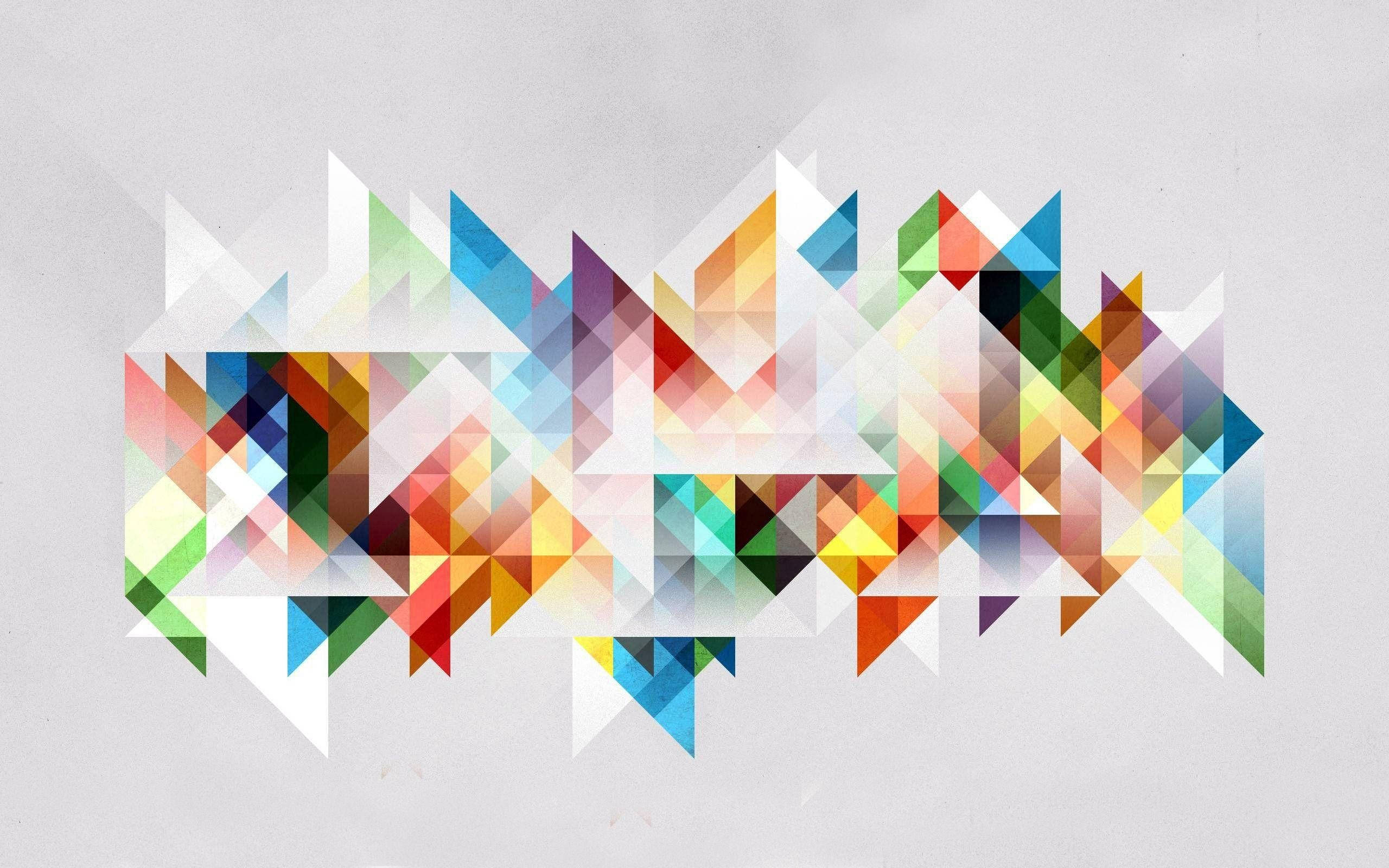 symmetrical mosaic, overlapping colorful triangles, textured gray background, 2K Desktop Wallpaper