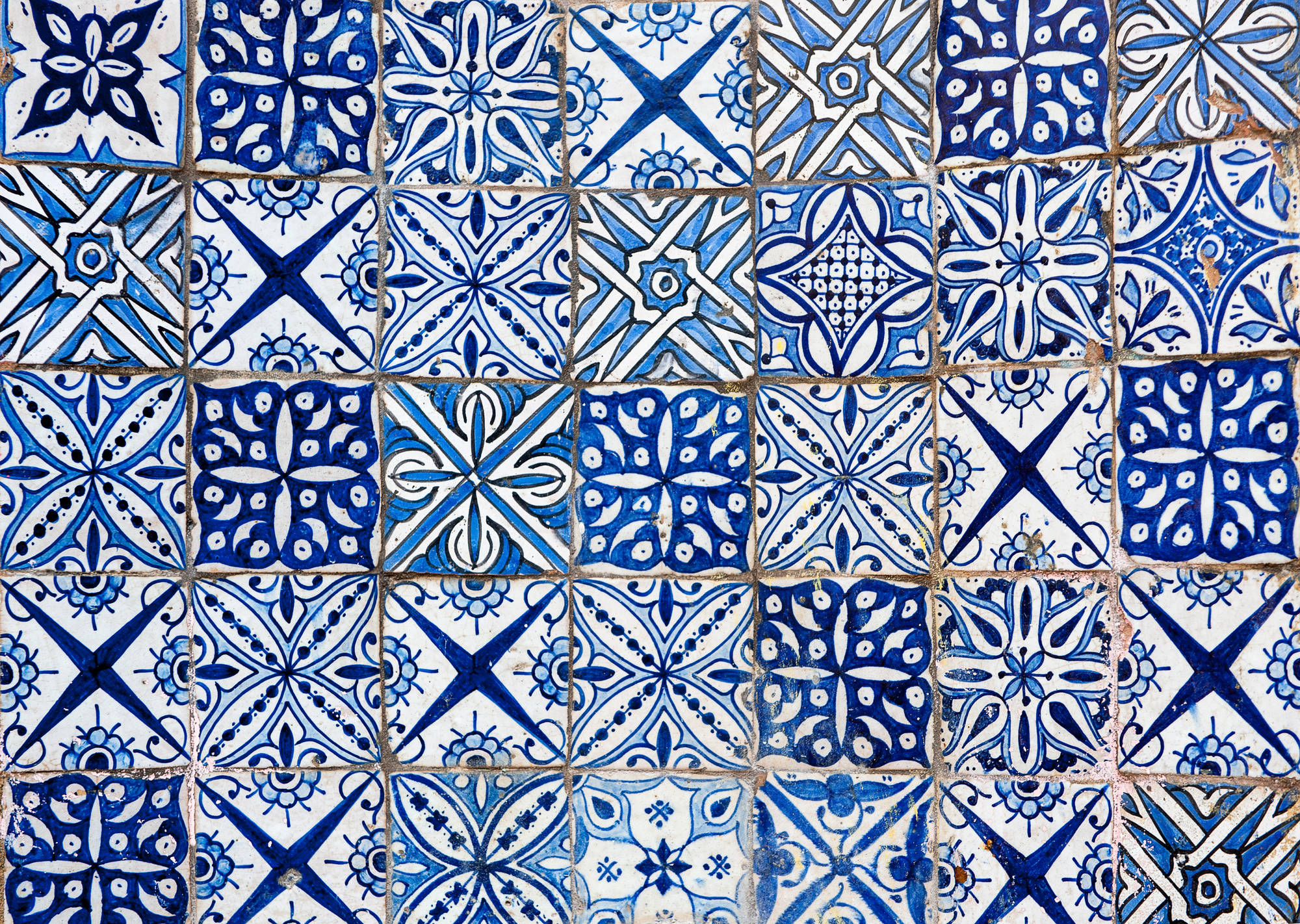 blue bohemian tile mosaic, blue and white ceramic tiles, repeating geometric pattern, Full HD Desktop Wallpaper