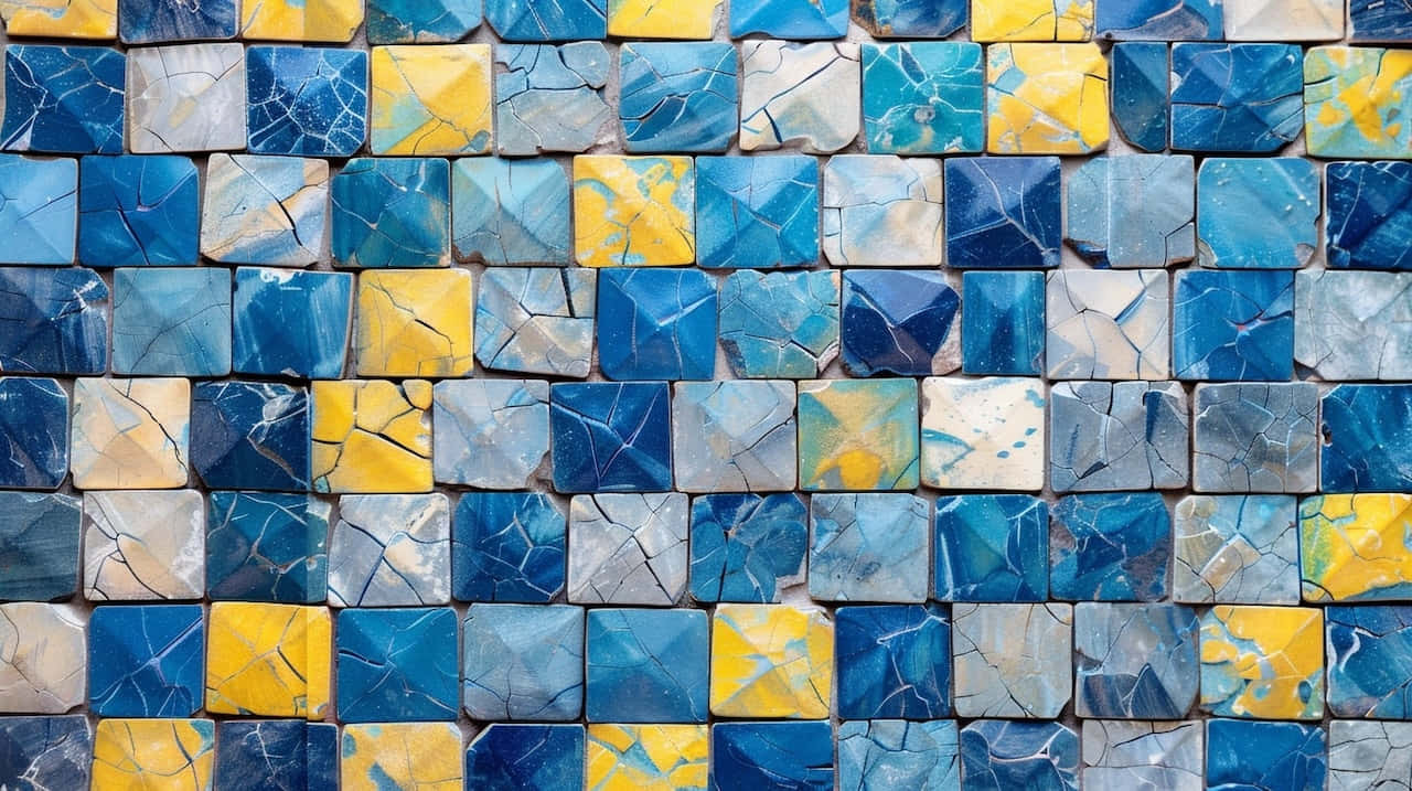 blue yellow mosaic tiles, cracked, gray tiles, HD Desktop Wallpaper