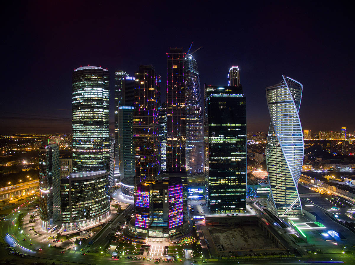 Moscow, skyscrapers, neon lights, SD Desktop Wallpaper