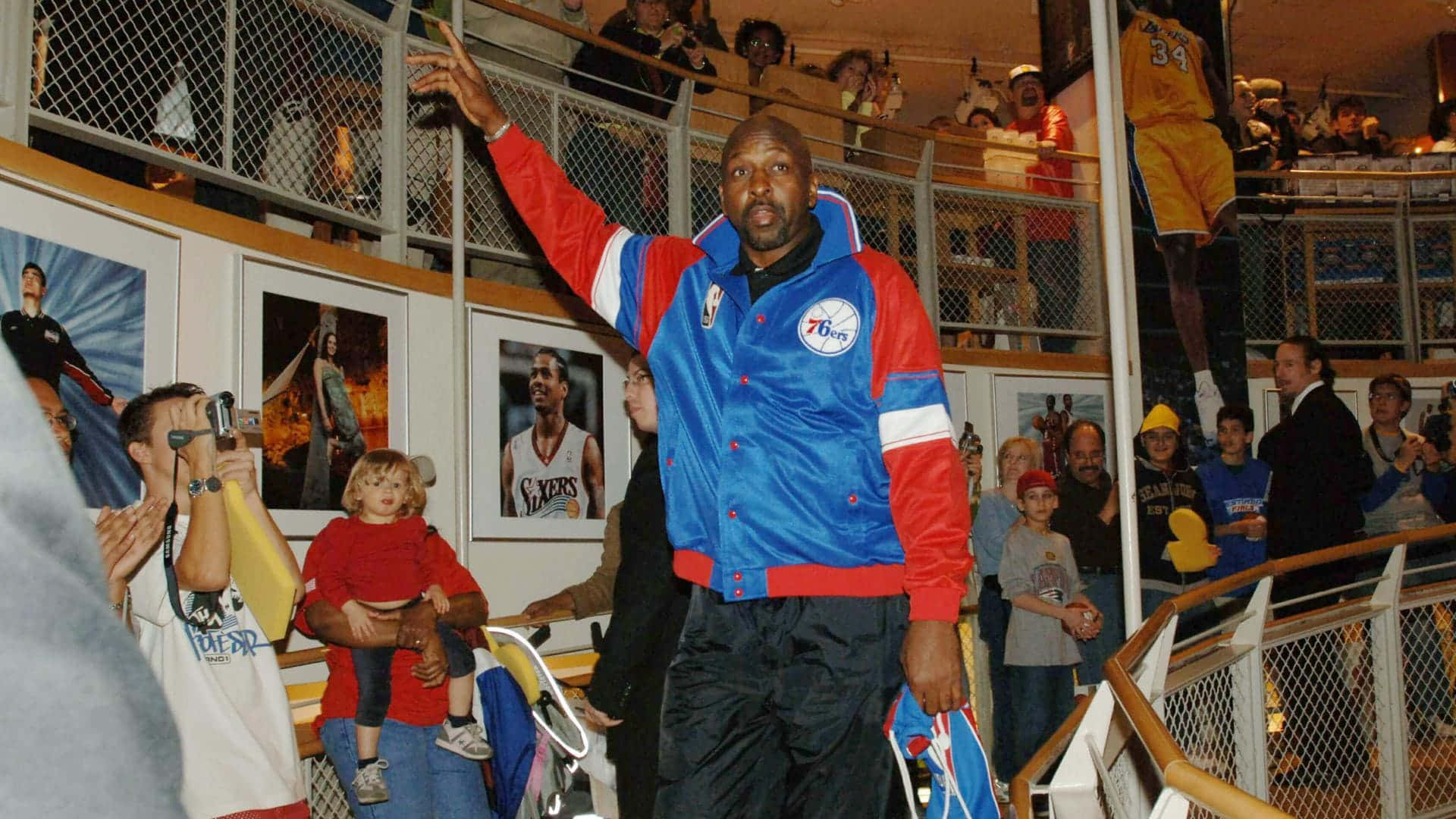 Moses Malone, 76ers jacket, blue red and white, Full HD Desktop Wallpaper