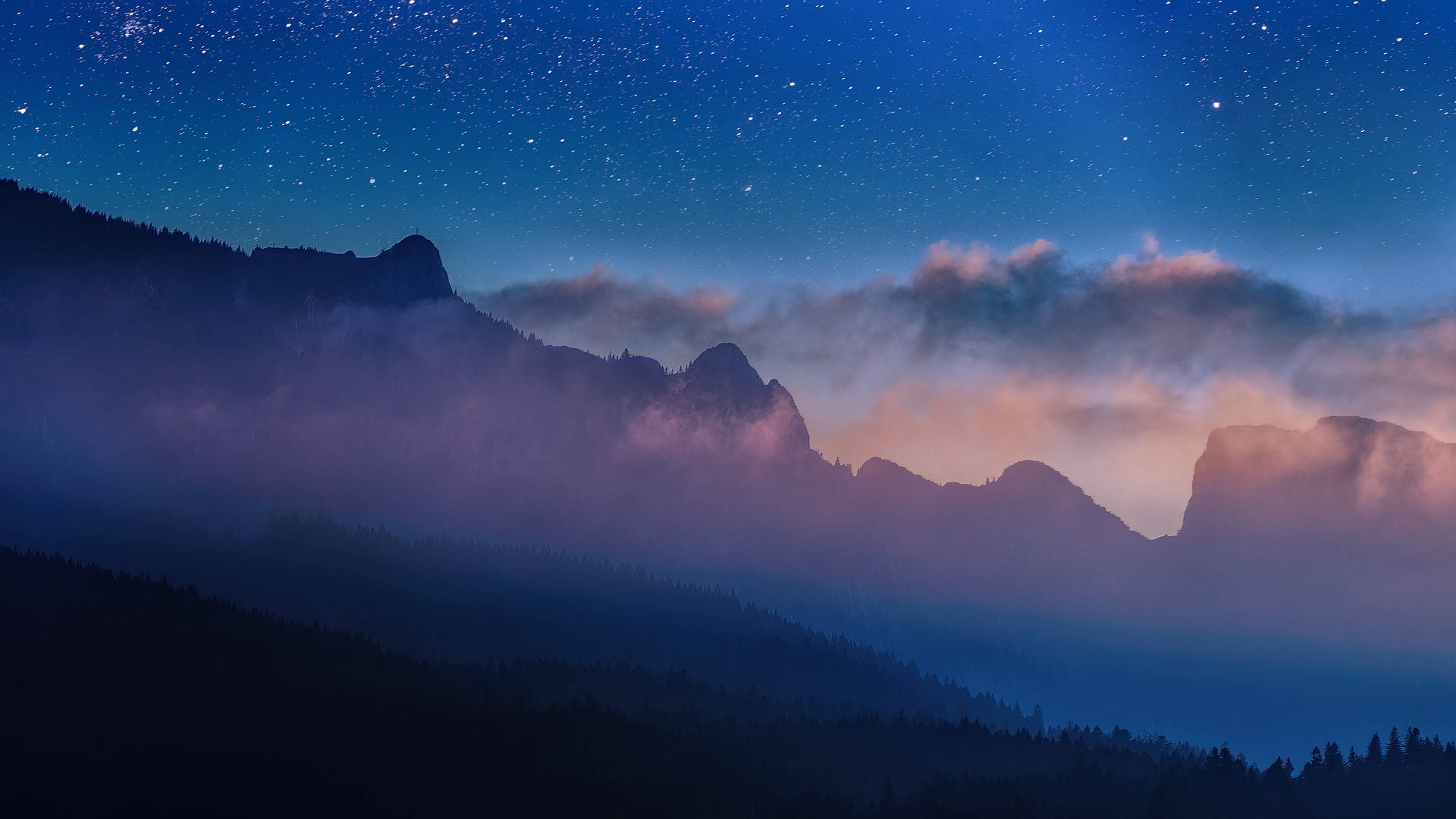 Starry Evening, deep blue sky, soft pink and purple hues, Full HD Desktop Wallpaper
