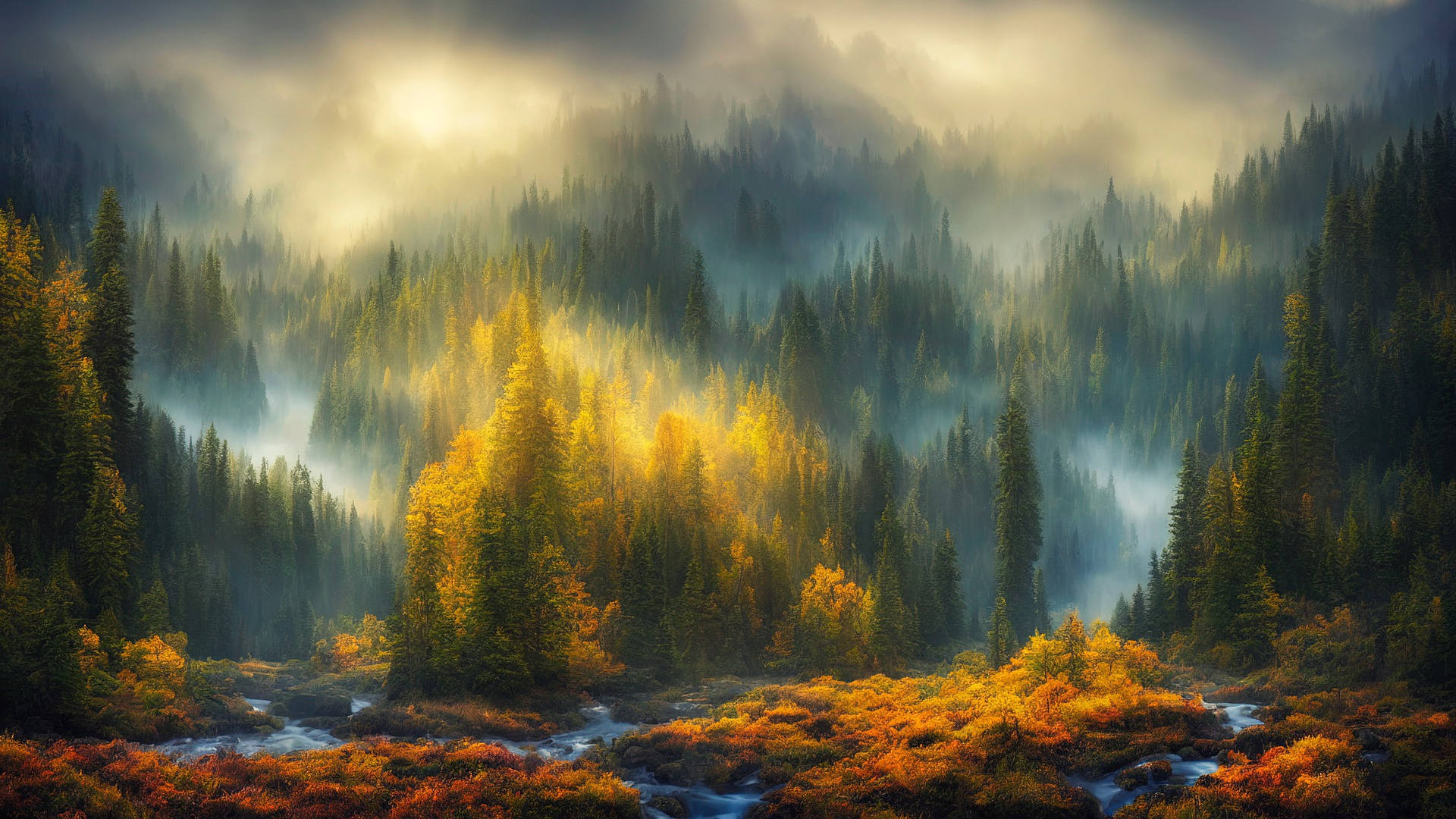 majestic sunlight, misty mountains, golden autumn trees, Full HD Desktop Wallpaper