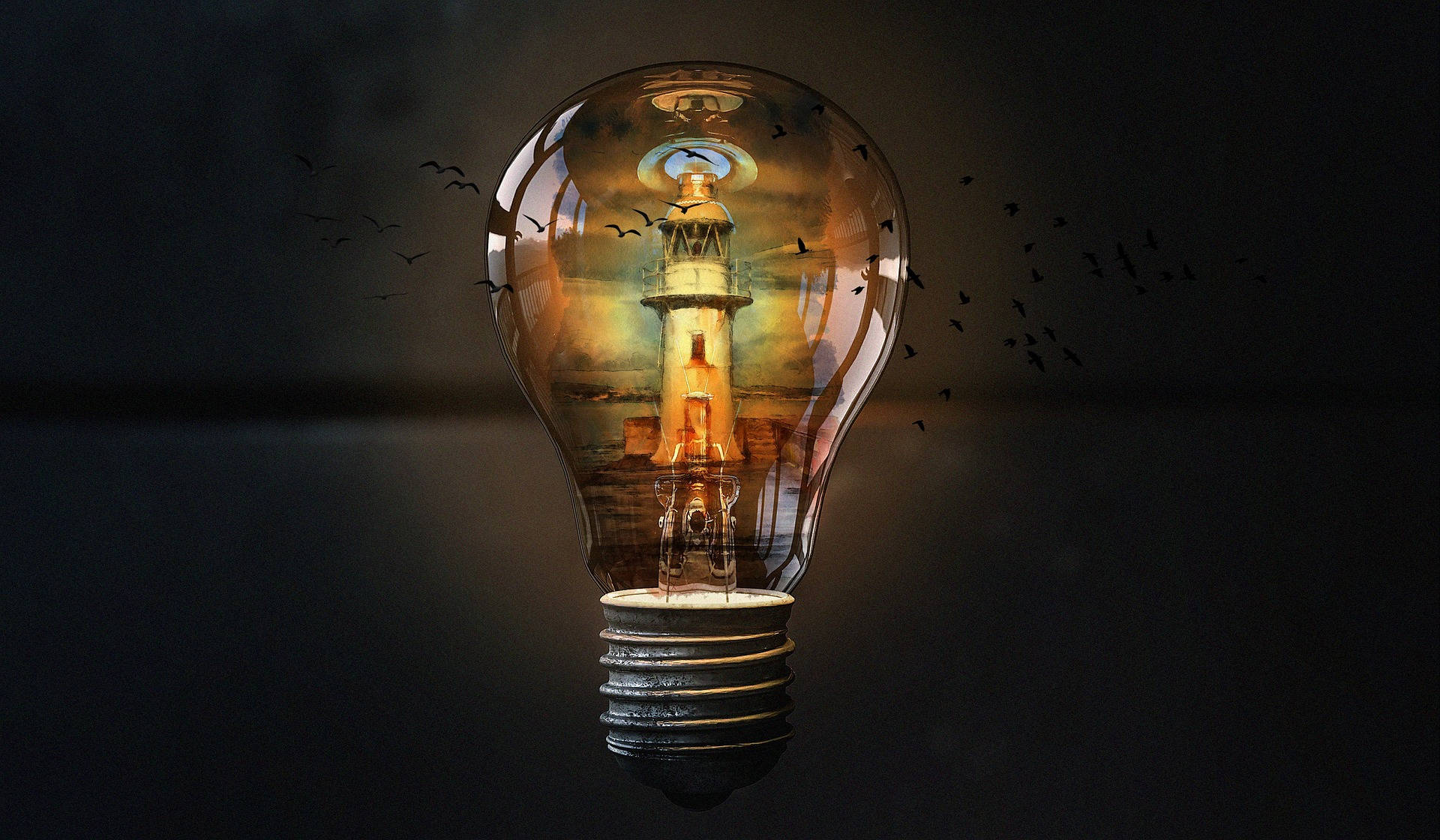 lightbulb, lighthouse, flying birds, Full HD Desktop Wallpaper