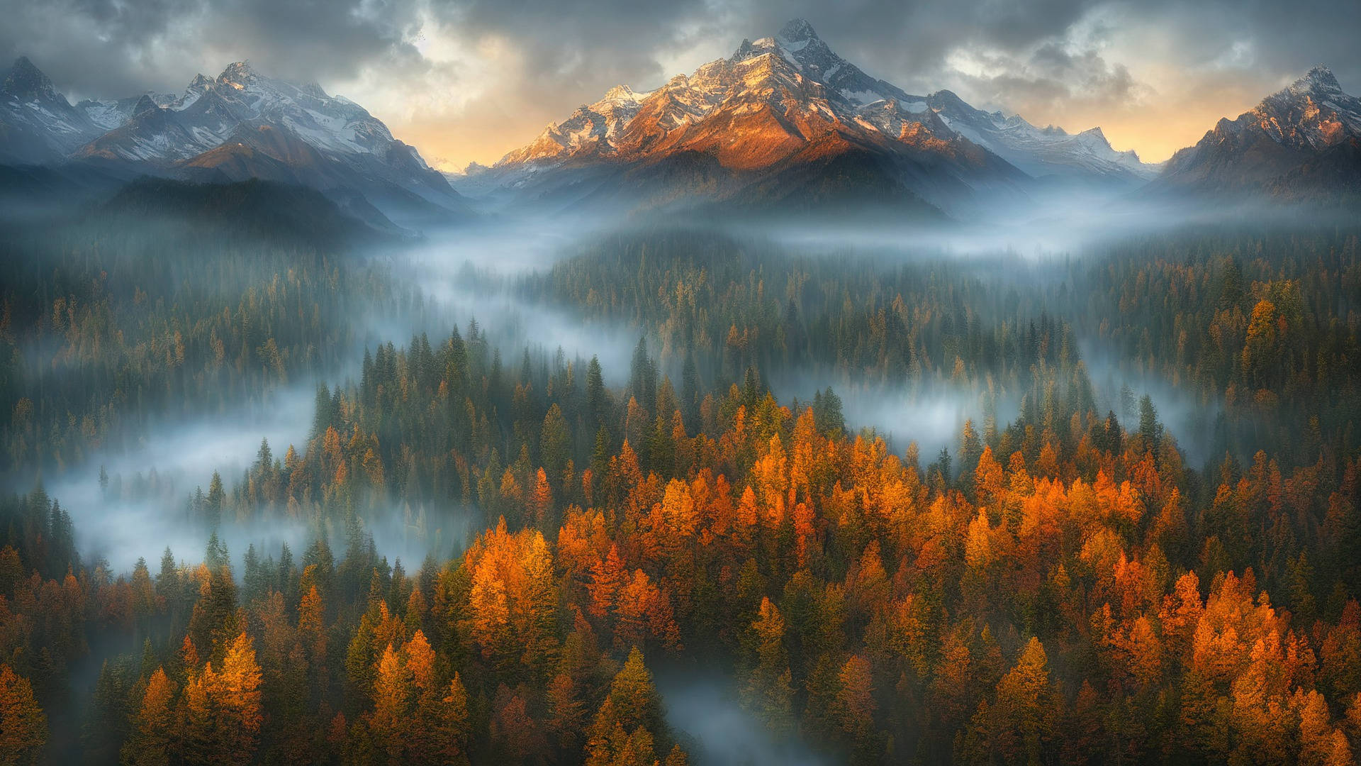 foggy autumn forest, snowcapped peaks, misty valley, Full HD Desktop Wallpaper