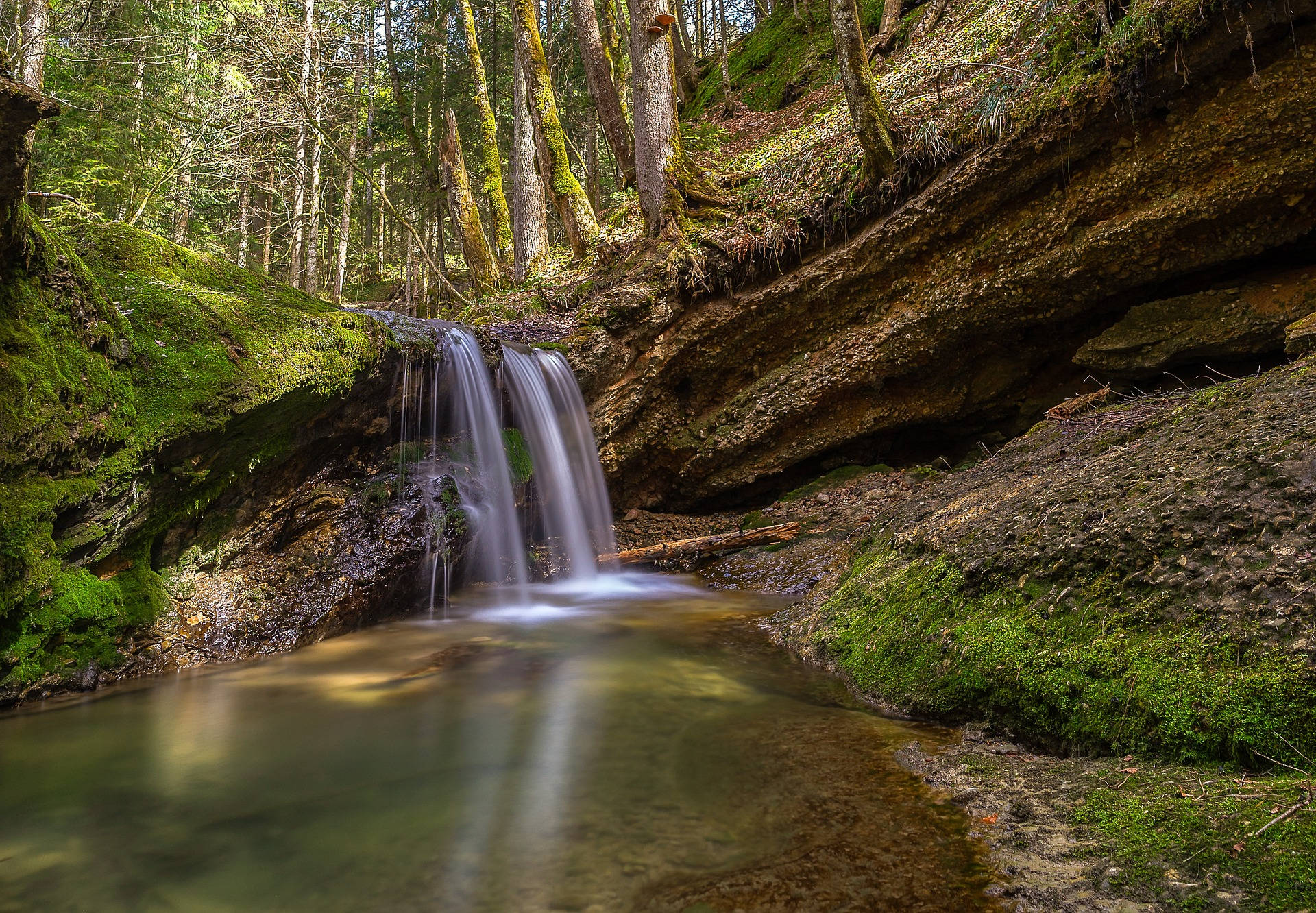 small waterfall, forest, mossy rocks, Full HD Desktop Wallpaper