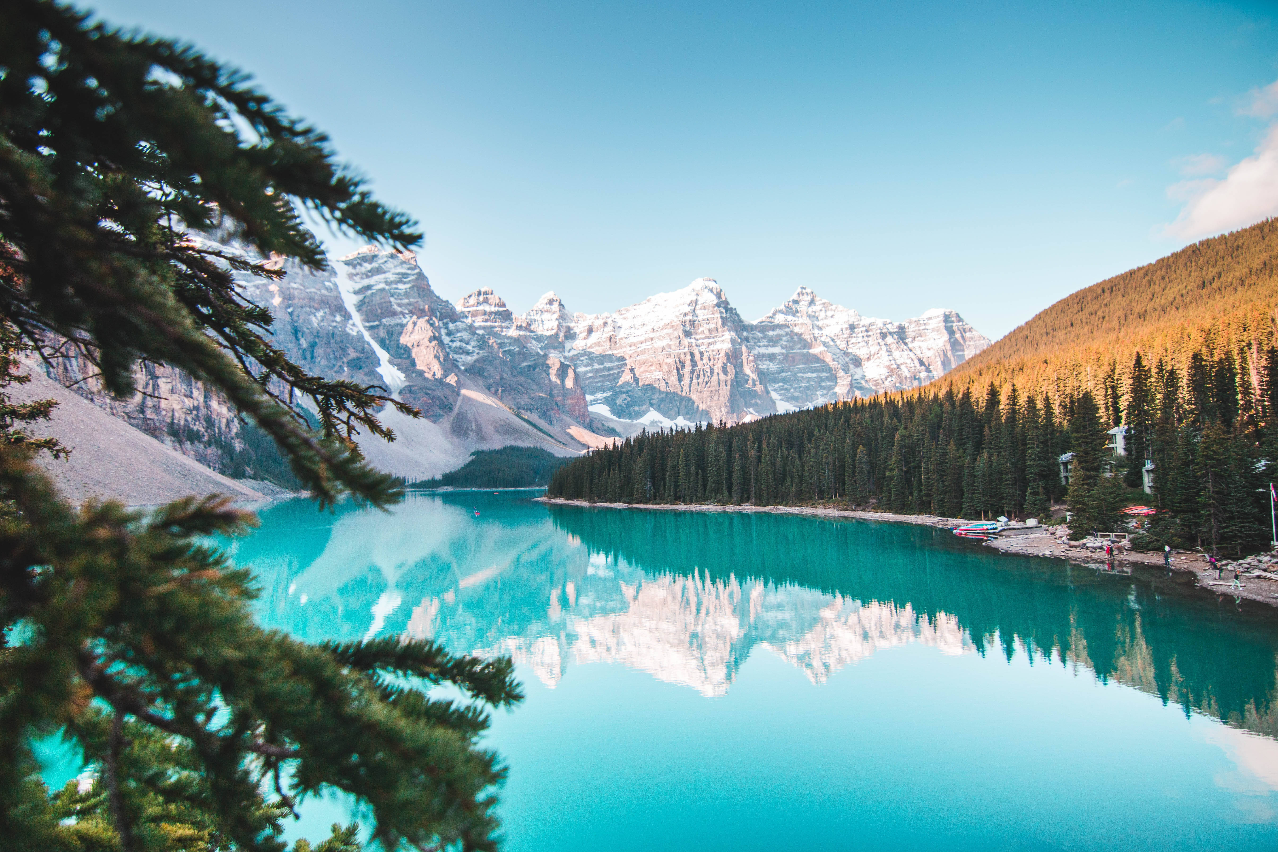 turquoise lake, snow-capped mountains, evergreen forests, 5K Desktop Wallpaper