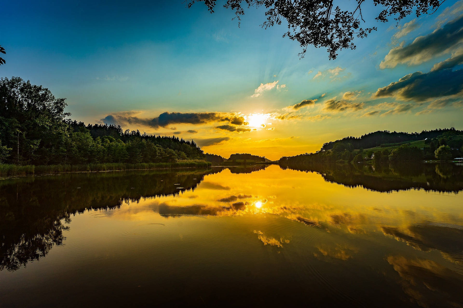 Sunset, calm lake, mirroring clouds and trees, Full HD Desktop Wallpaper