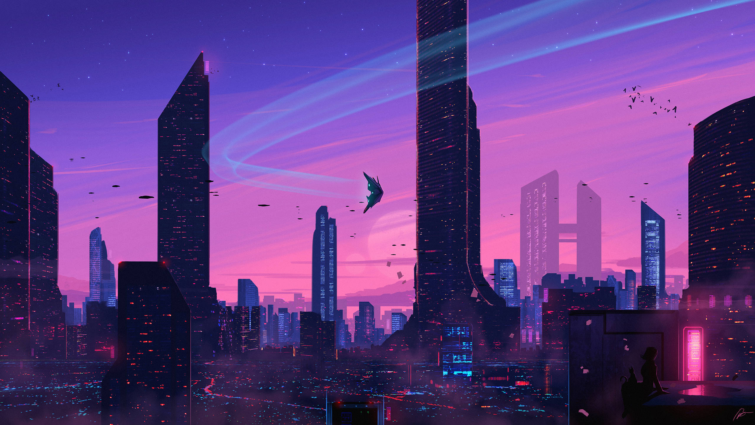 futuristic city skyline, twilight, neon lights, 2K Desktop Wallpaper