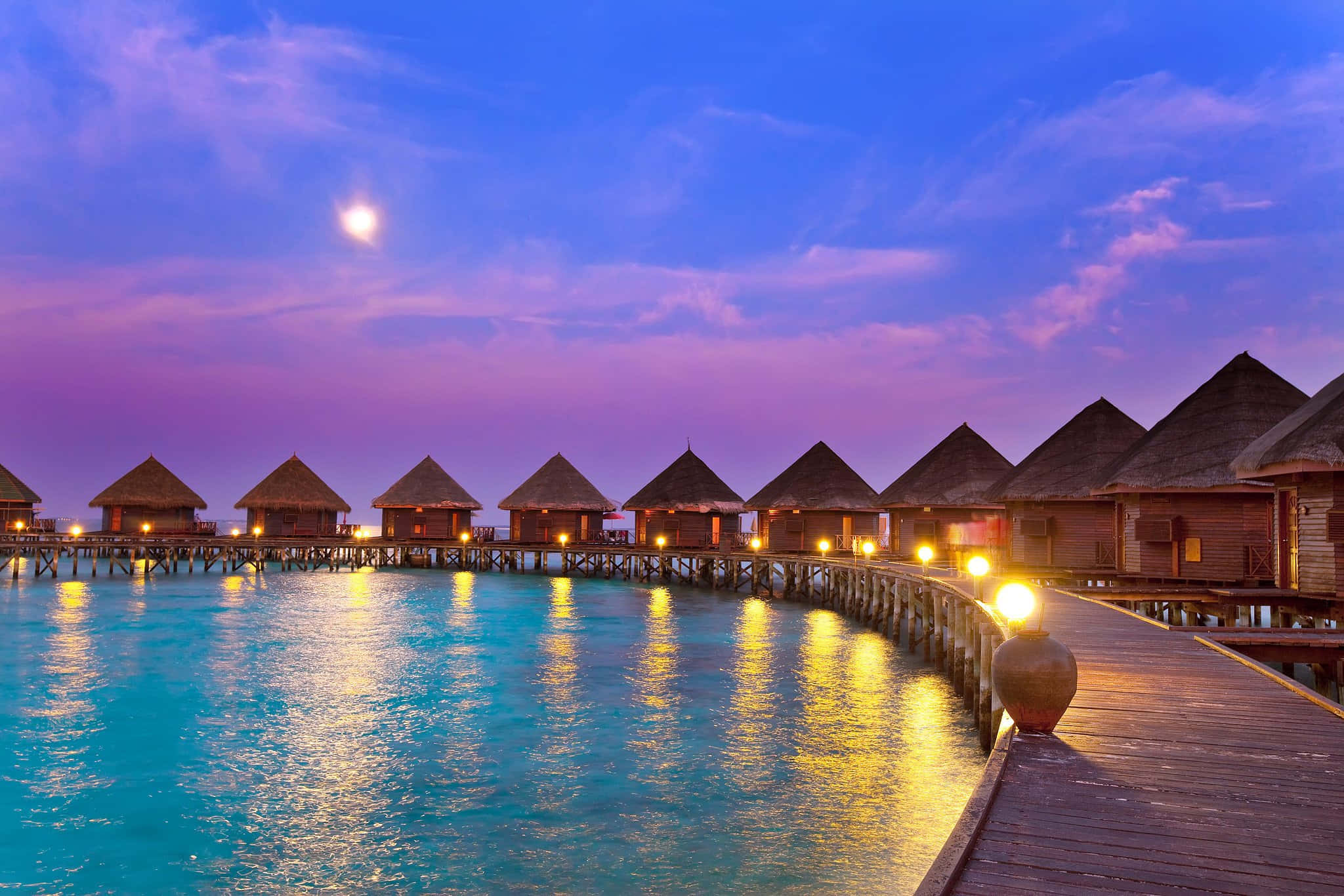 overwater bungalows, twilight sky, bright moon, Full HD Desktop Wallpaper