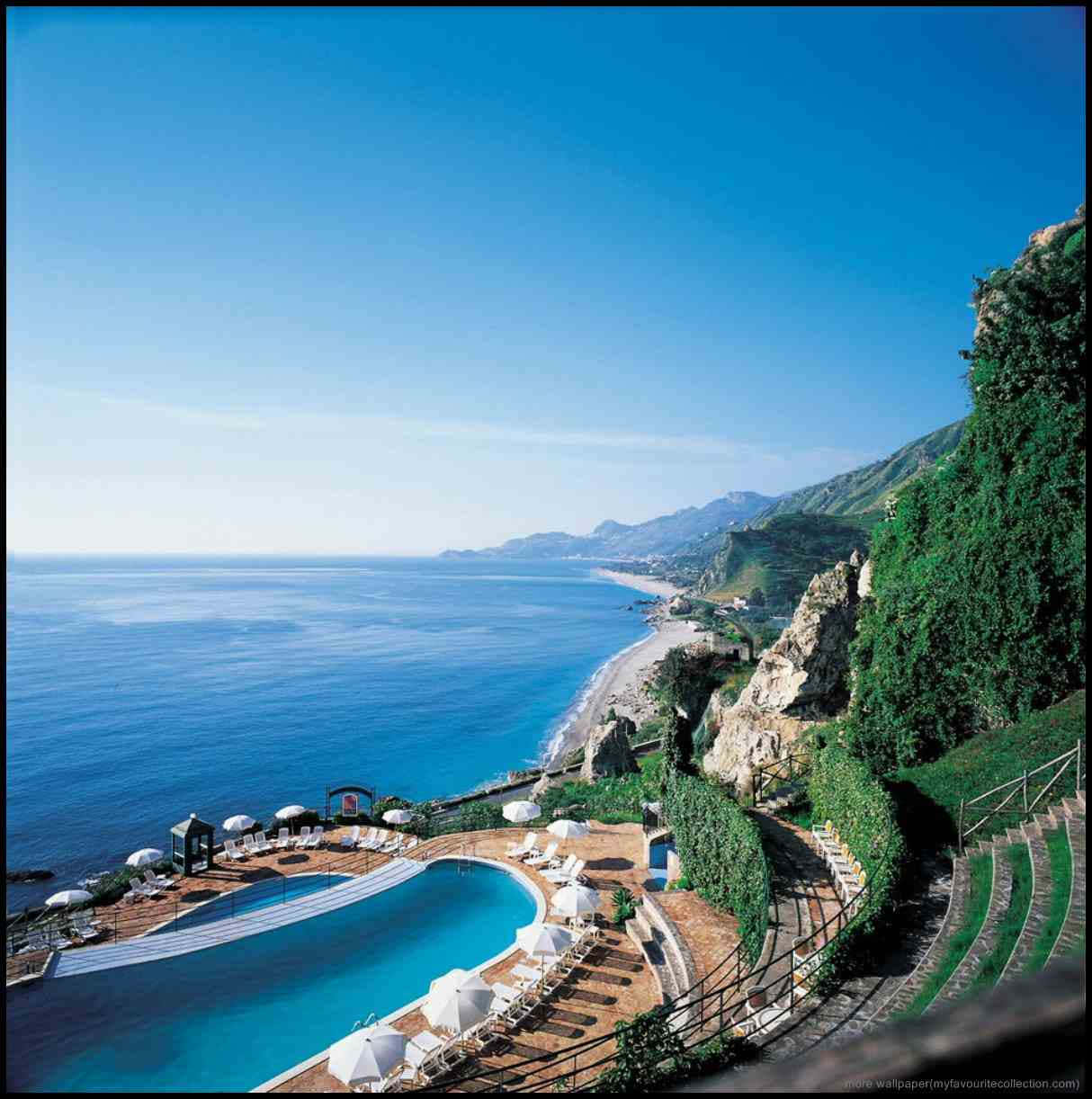cliffside pool, turquoise sea, winding coastline, SD Phone Wallpaper