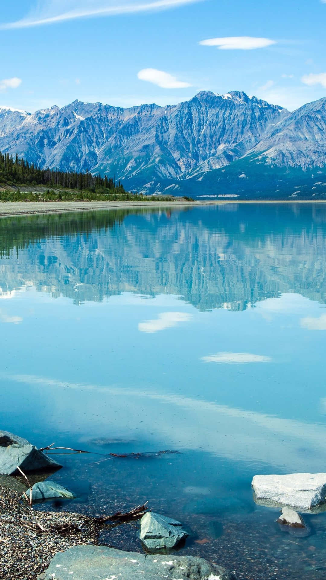 mountain lake, snow-capped peaks, clear blue sky, Full HD Phone Wallpaper