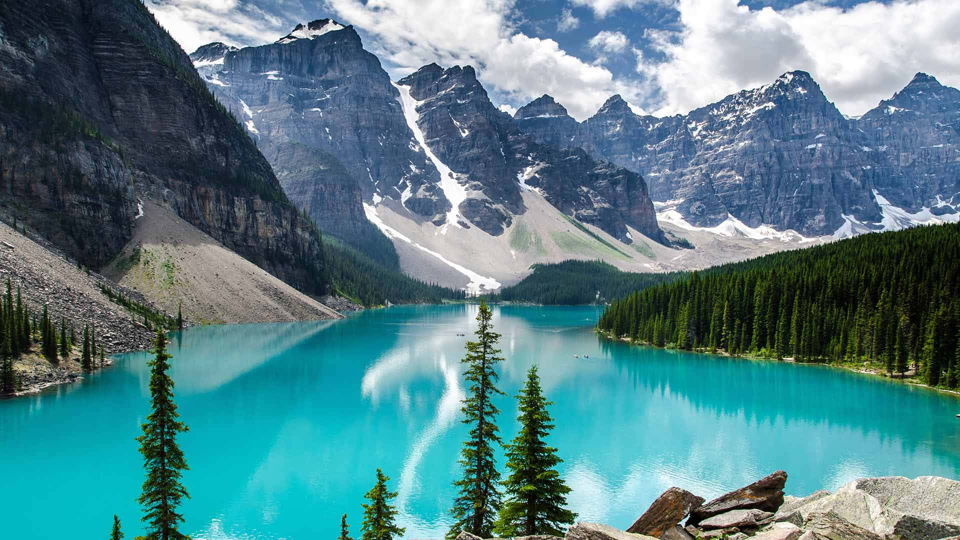 turquoise lake, snow-capped mountains, fluffy clouds, Full HD Desktop Wallpaper