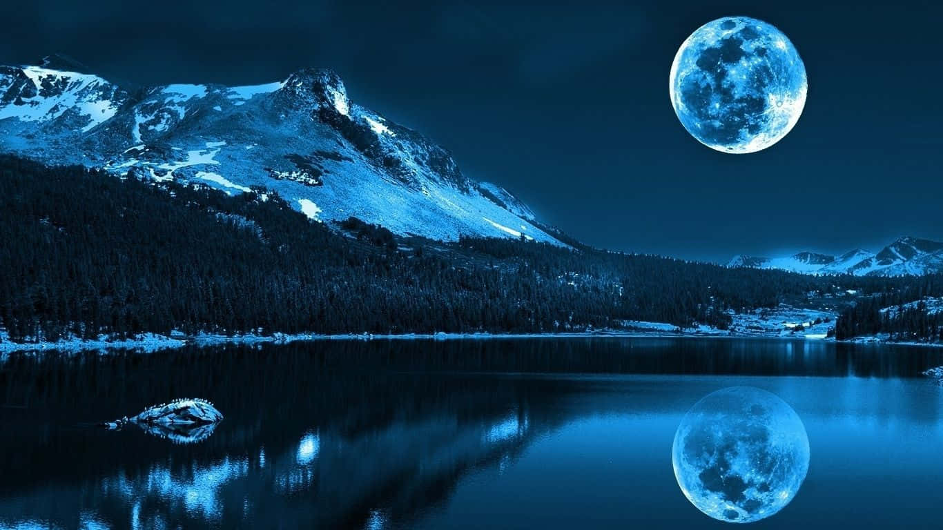 winter lake, blue moon, snow-capped mountains, HD Desktop Wallpaper