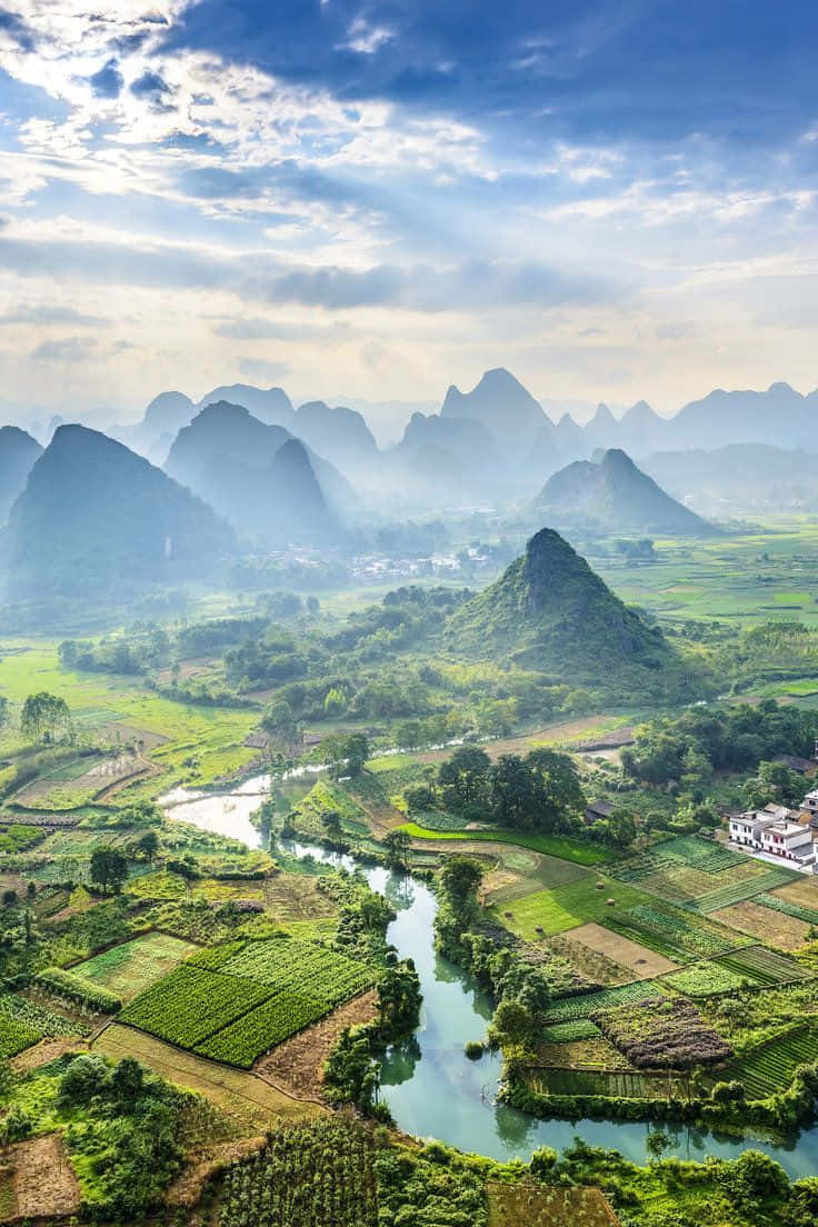serene valley, winding river, lush green rice paddies, SD Phone Wallpaper
