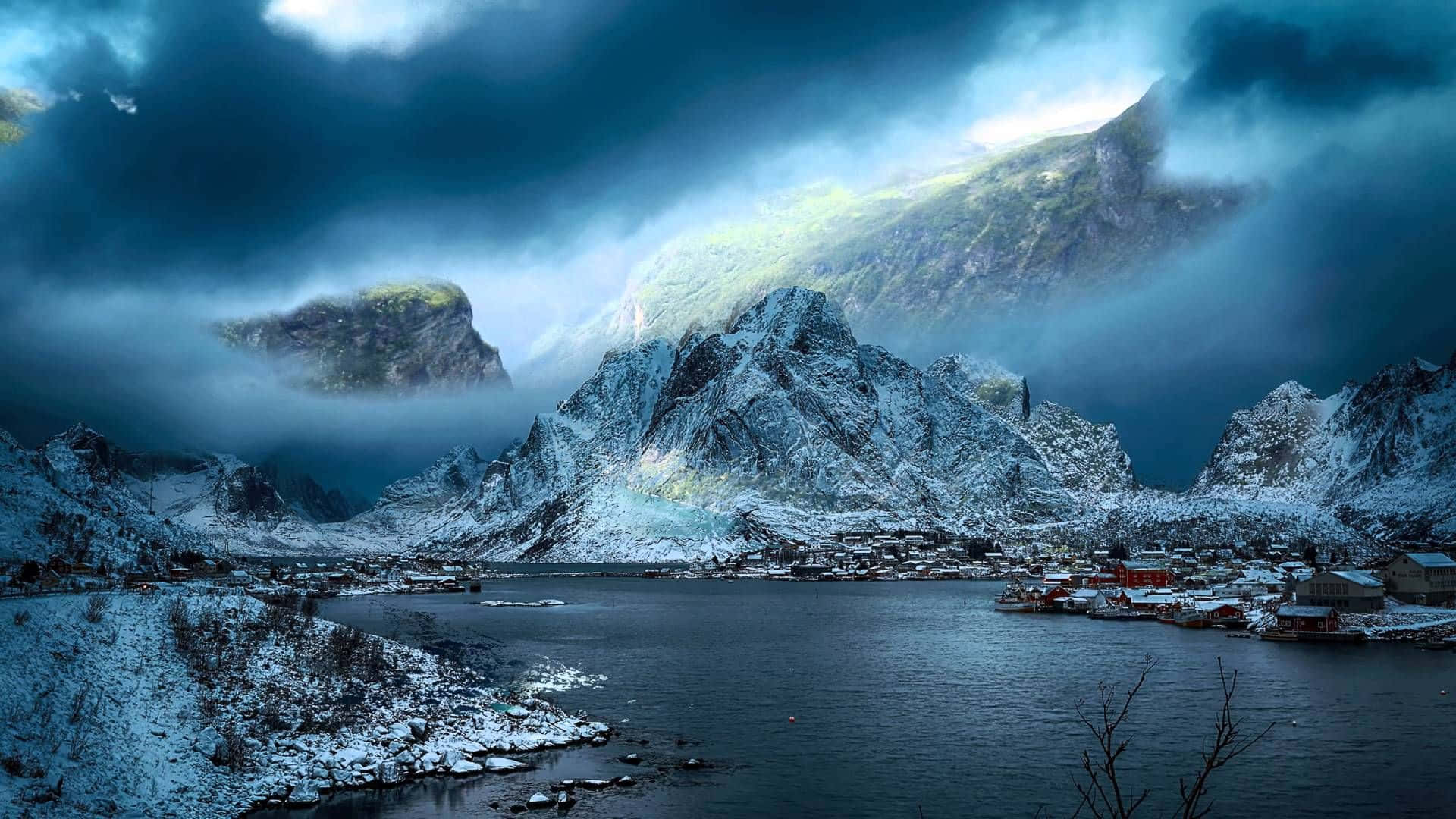 snow-covered fjord village, jagged mountains, dramatic stormy sky, Full HD Desktop Wallpaper