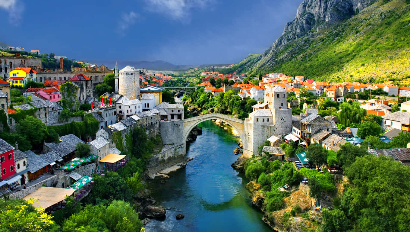 historic stone bridge, turquoise river, colorful mountain town, HD Desktop Wallpaper
