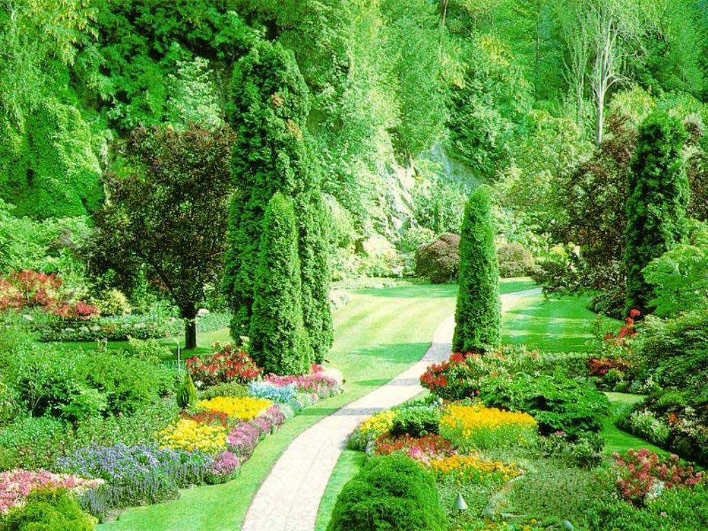 spring, stone path, lush garden, SD Desktop Wallpaper