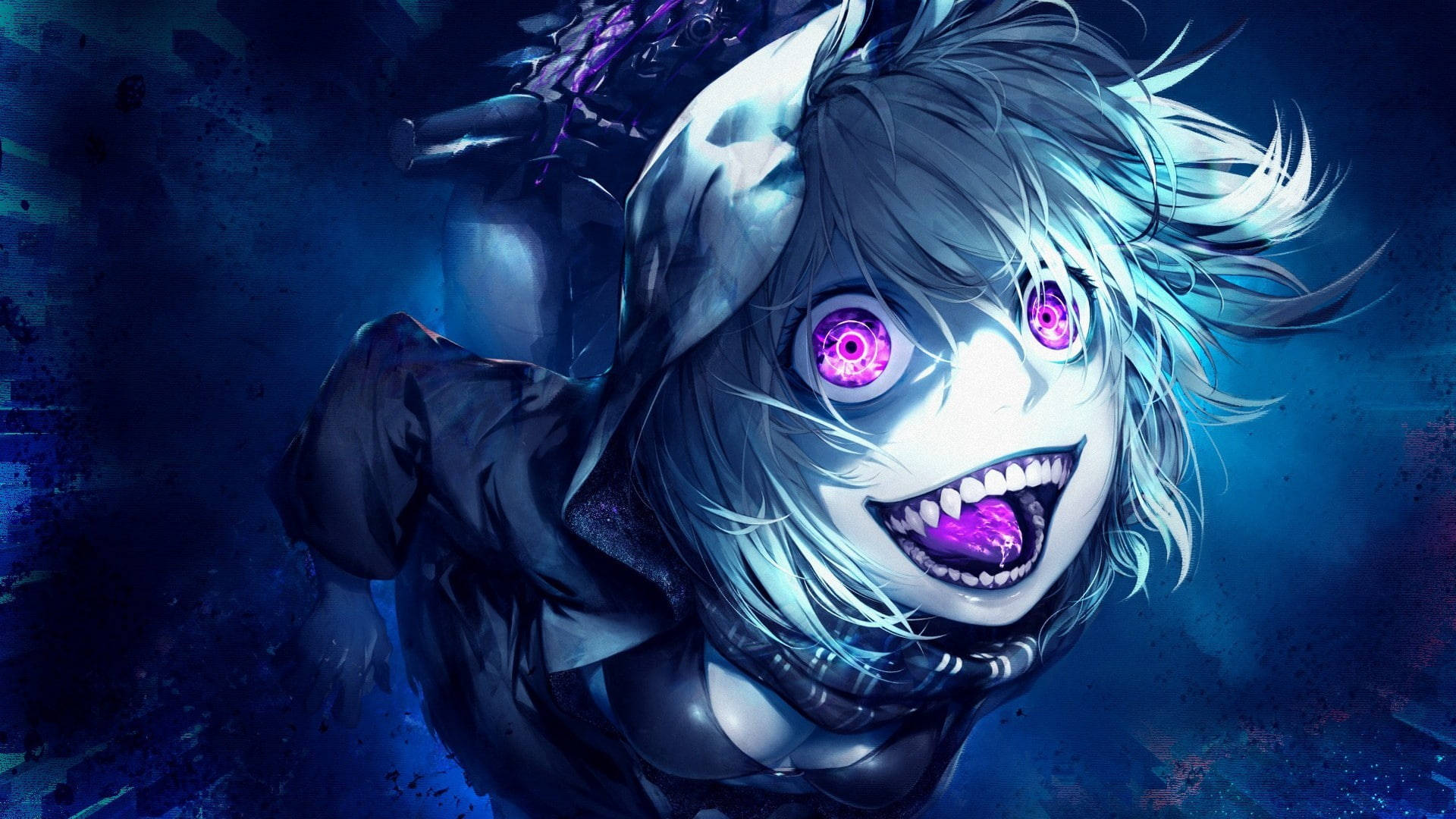 anime girl, glowing purple eyes, sharp teeth, Full HD Desktop Wallpaper