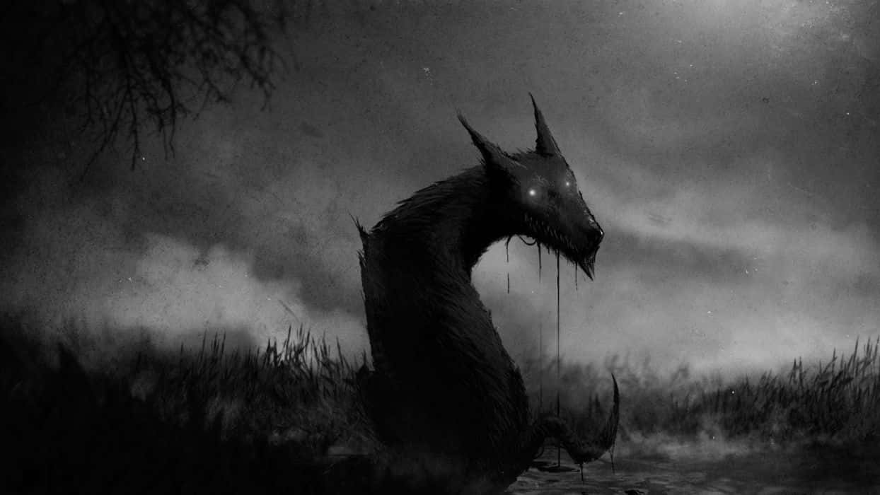monstrous dragon, glowing eyes, murky water, SD Desktop Wallpaper