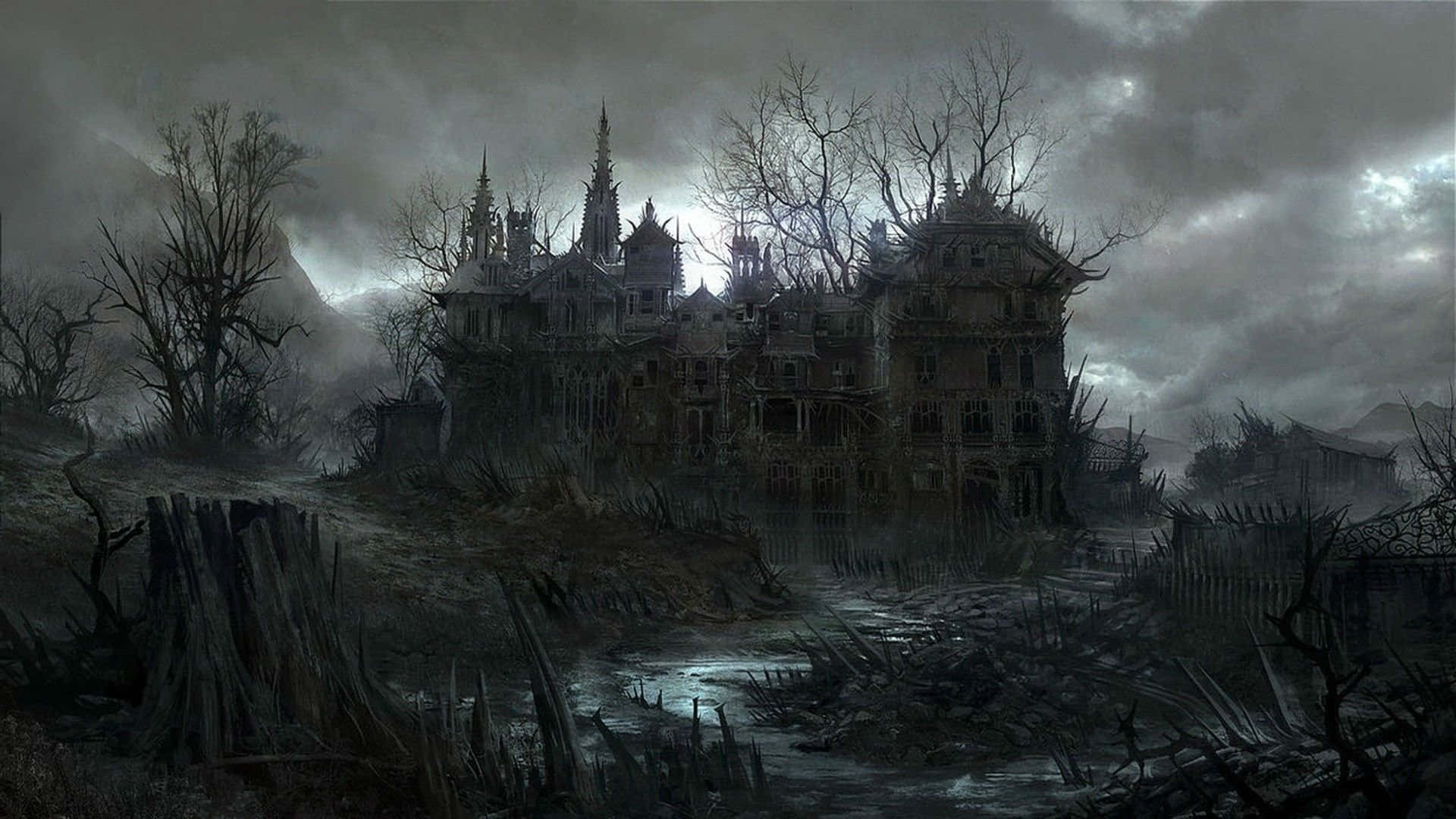 crumbling gothic mansion, stormy gray sky, skeletal trees, Full HD Desktop Wallpaper