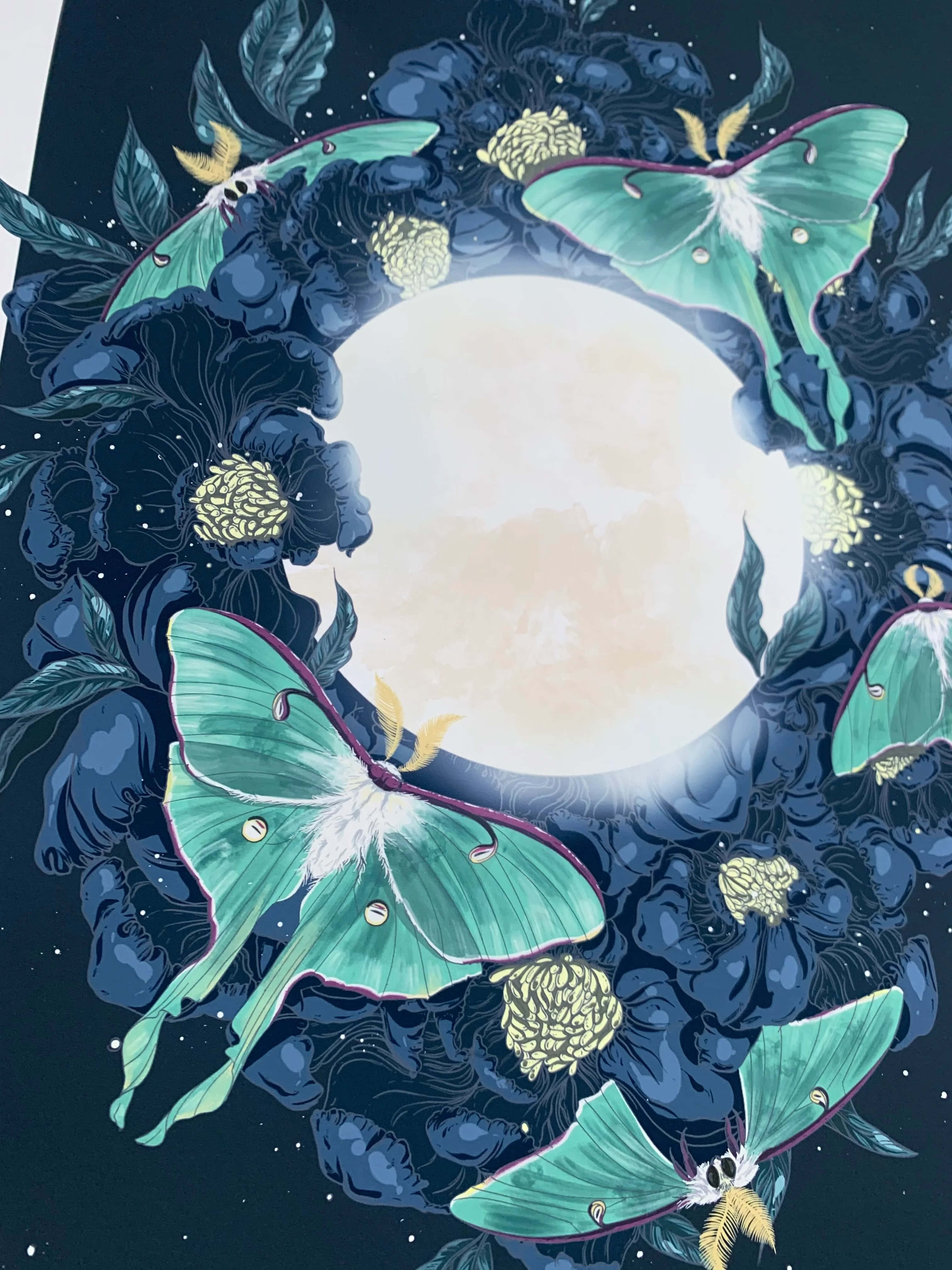 luminous full moon, wreath of dark blue flowers, vibrant green luna moths, 4K Phone Wallpaper