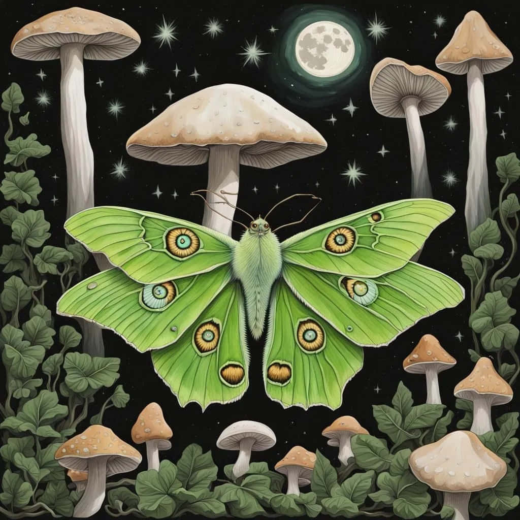 green moon moth, eye spots, glowing mushrooms, SD Desktop Wallpaper