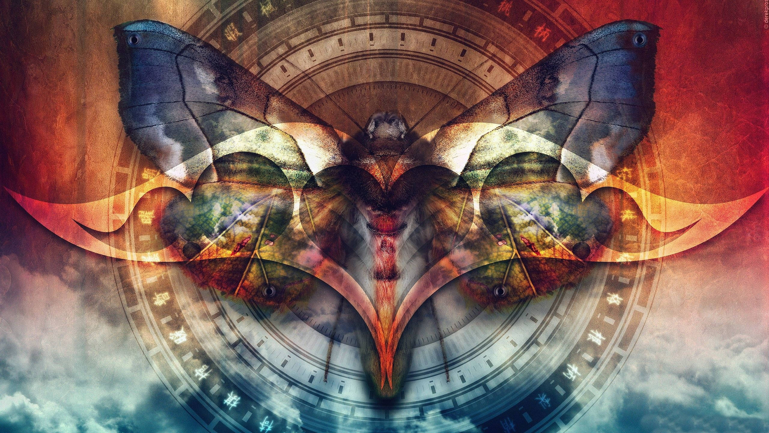 Moth, red and blue anime aesthetic, ancient circular zodiac wheel, 2K Desktop Wallpaper