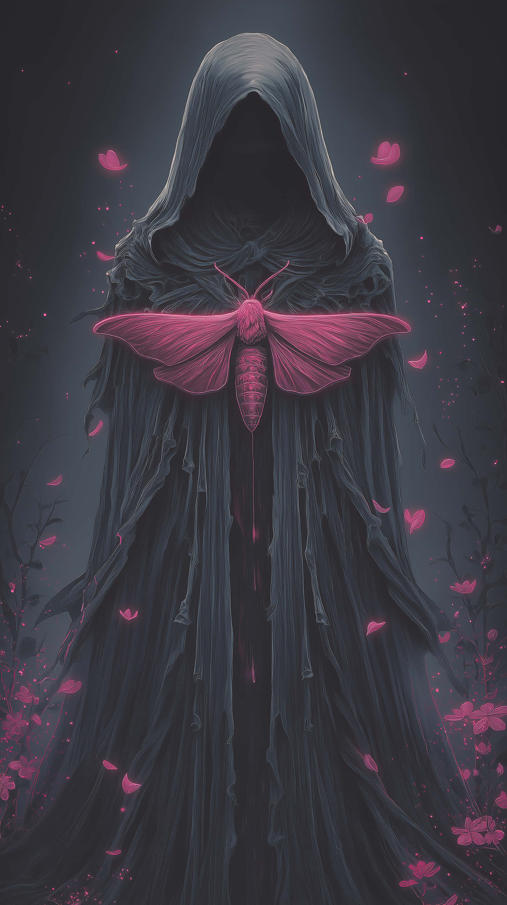 hooded figure, glowing pink moth, pink petals, 2K Phone Wallpaper