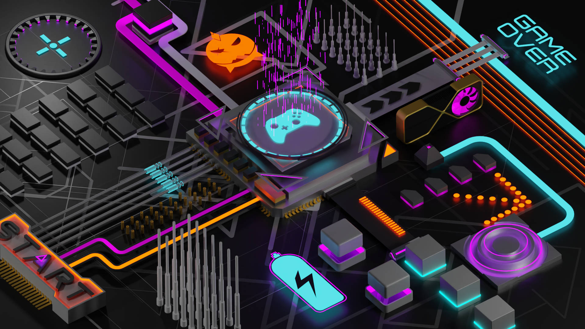modern motherboard, neon components, glowing, Full HD Desktop Wallpaper