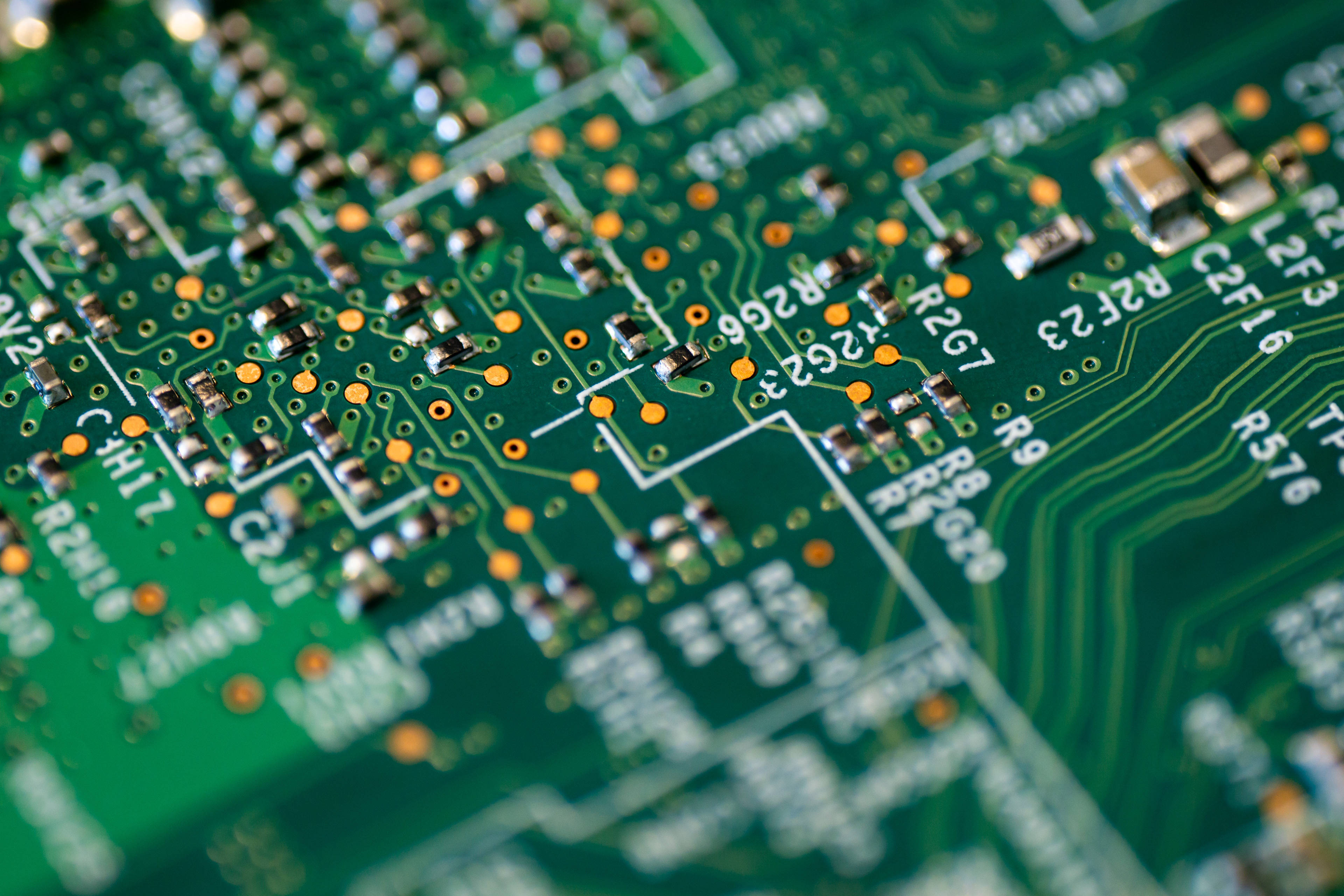 green circuit board, silver pathways, orange solder points, 4K Desktop Wallpaper