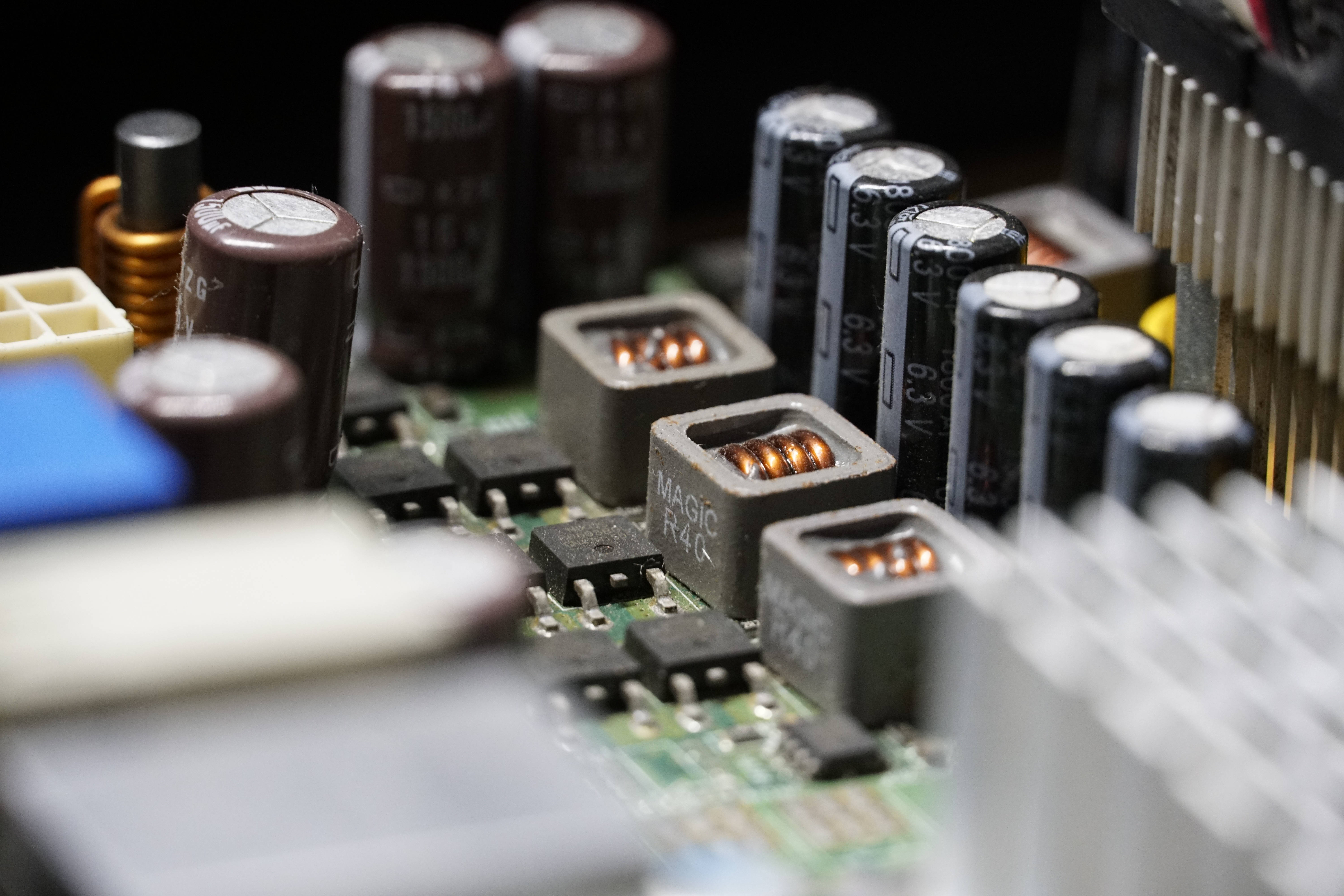 high tech motherboard, green circuit board, capacitors, 5K Desktop Wallpaper