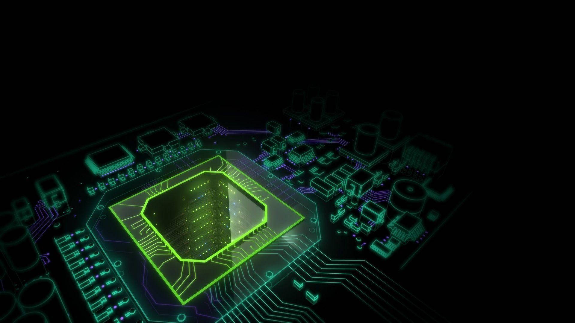 processor slot motherboard, glowing green circuit board, central processor, Full HD Desktop Wallpaper