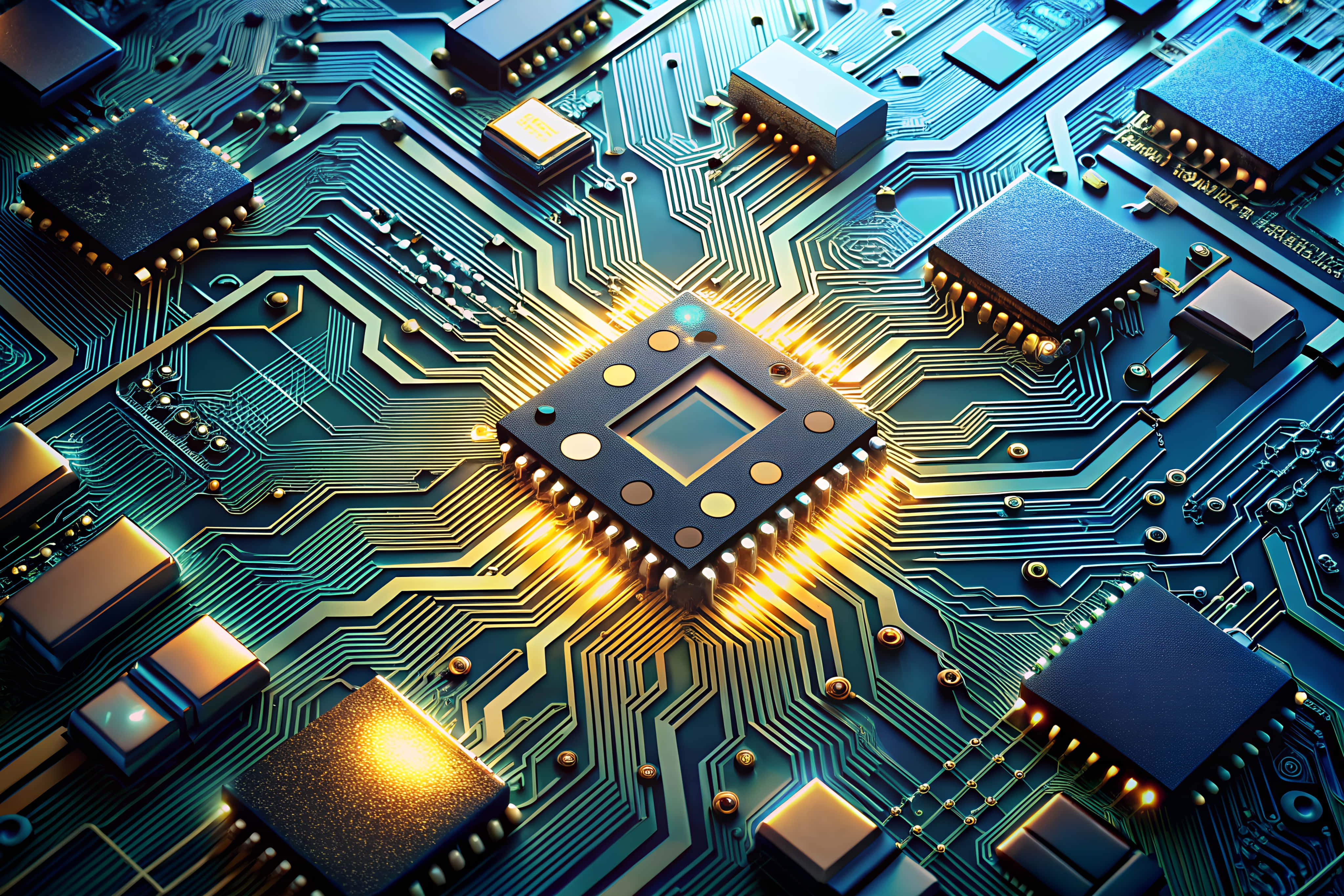 microchip, golden light, teal circuit board, 4K Desktop Wallpaper