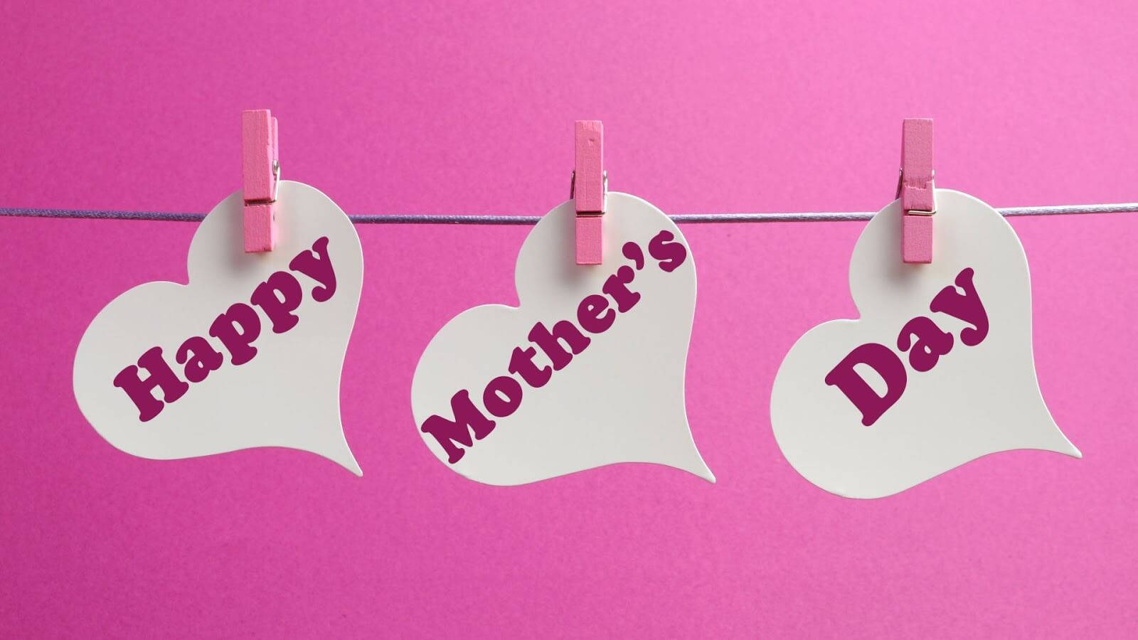 Happy Mother's Day, white heart-shaped signs, pink clothespins, HD Desktop Wallpaper