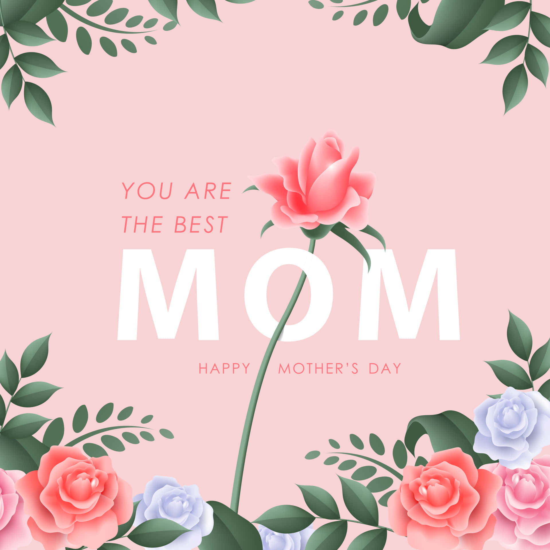 Best Mom, Mothers Day Floral Greeting, soft pink background, Full HD Desktop Wallpaper
