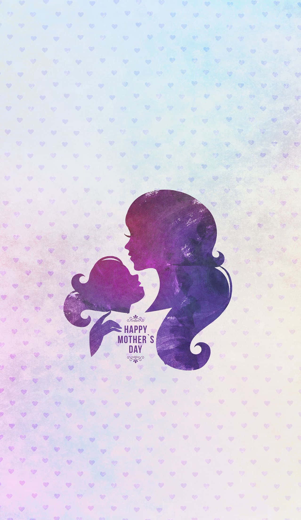 Mothers Day, purple watercolor silhouette, mother and child kissing, Full HD Phone Wallpaper