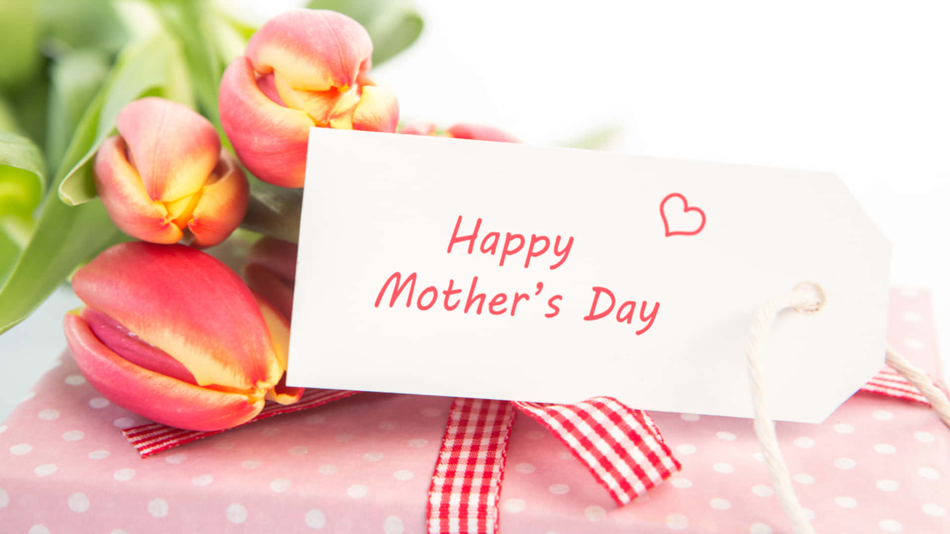 Happy Mother's Day, red tulips, pink polka-dotted gift, Full HD Desktop Wallpaper