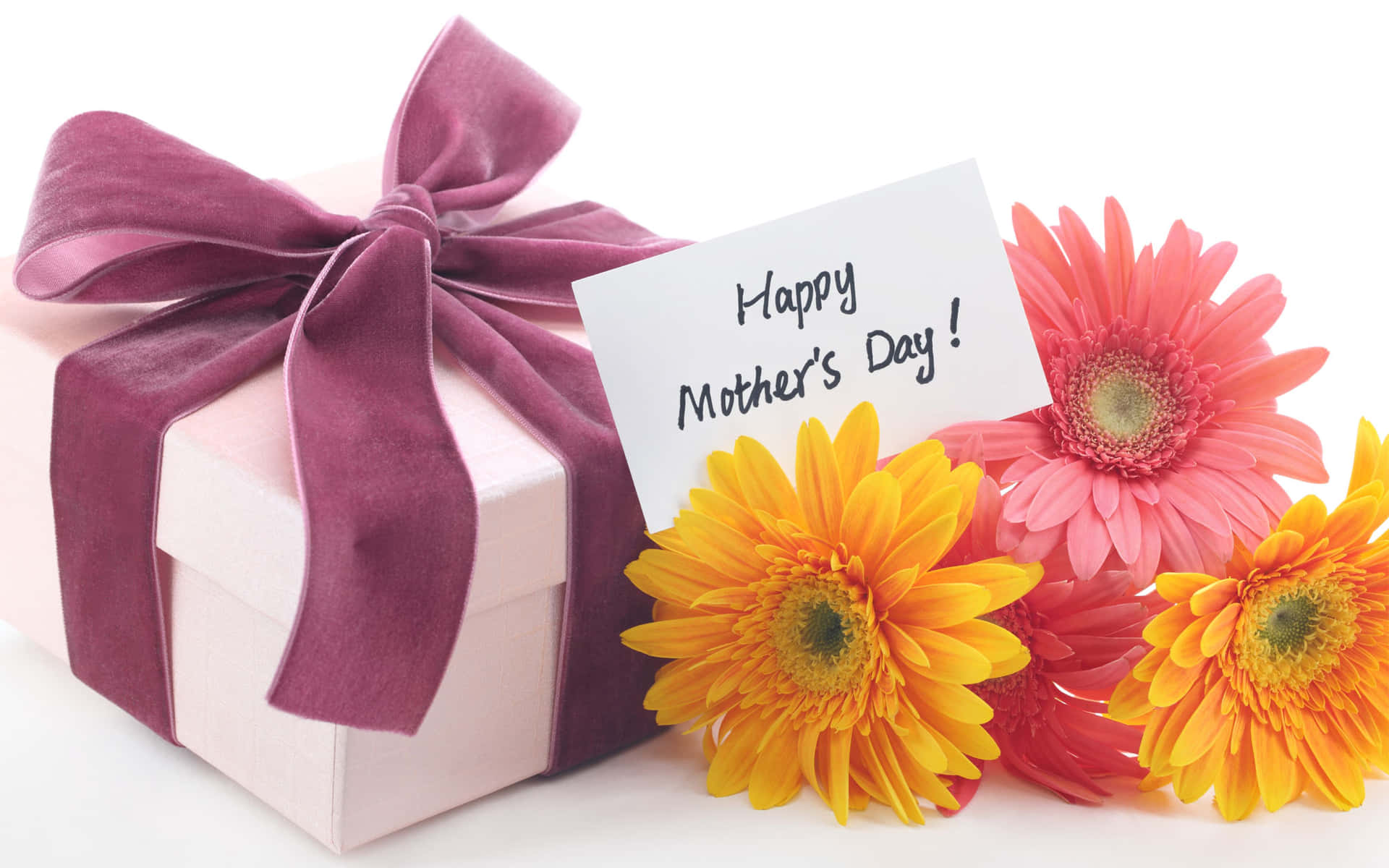 Mother's Day card, pink gift box, plush purple bow, Full HD Desktop Wallpaper