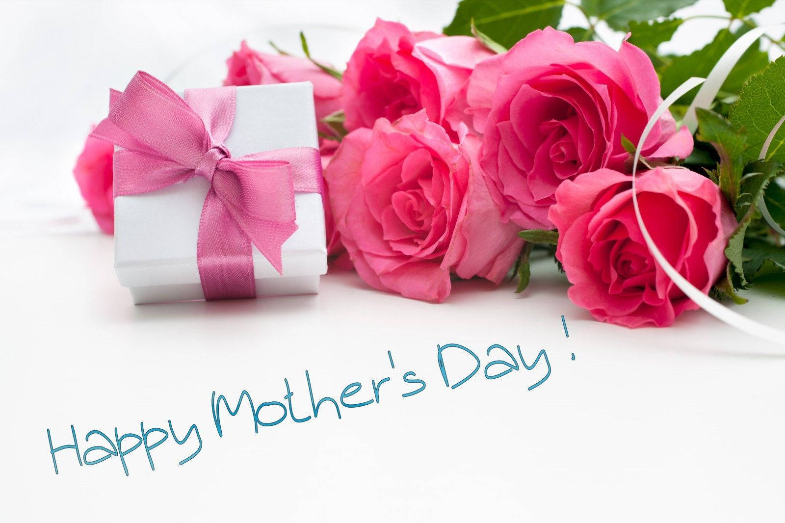 pink roses, white gift box, pink ribbon, HD Desktop Wallpaper