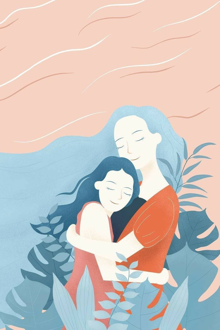 Mother Hugging Daughter, blue leaves, soft pink background, SD Phone Wallpaper