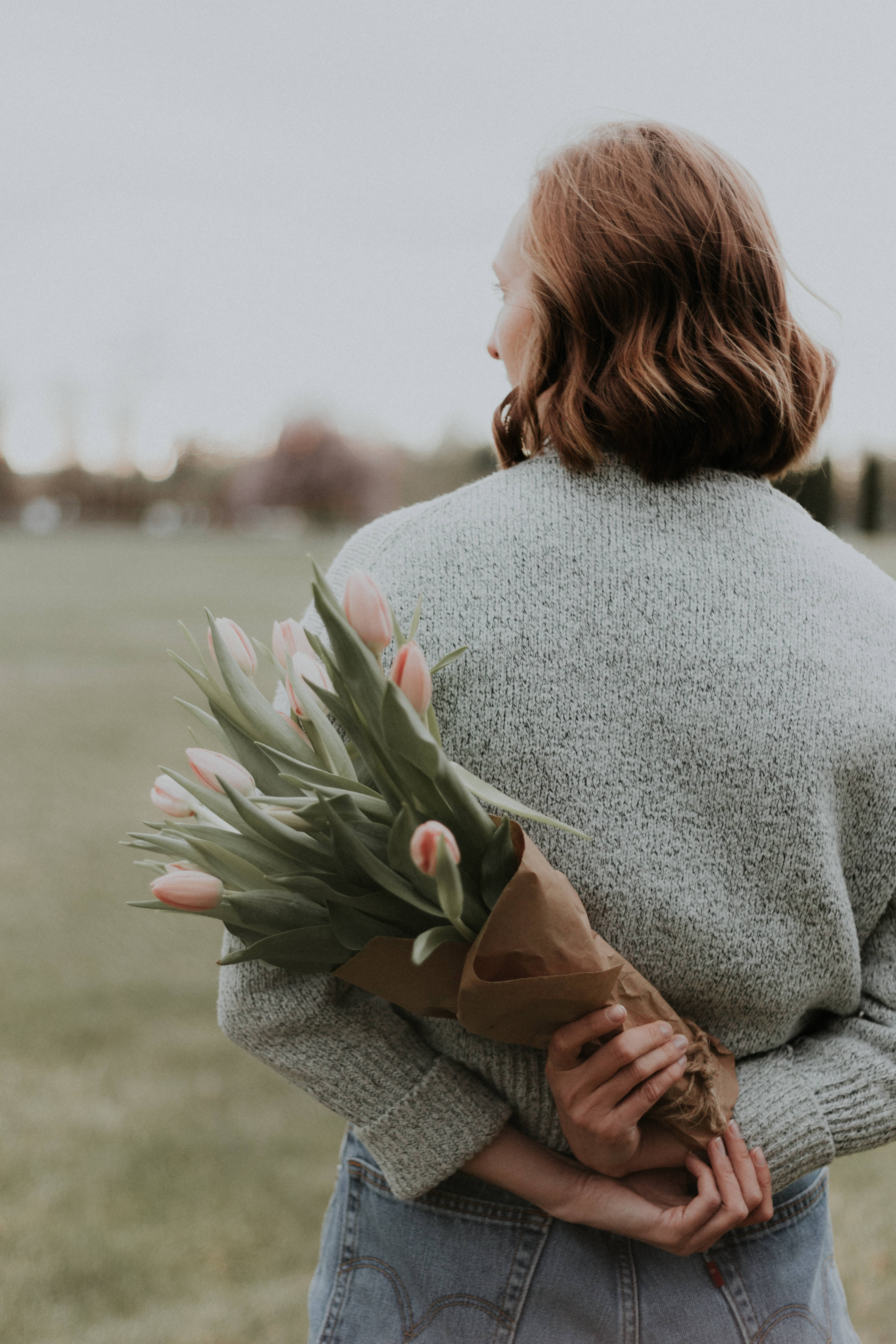 pink tulips, gray sweater, short brown hair, 4K Phone Wallpaper