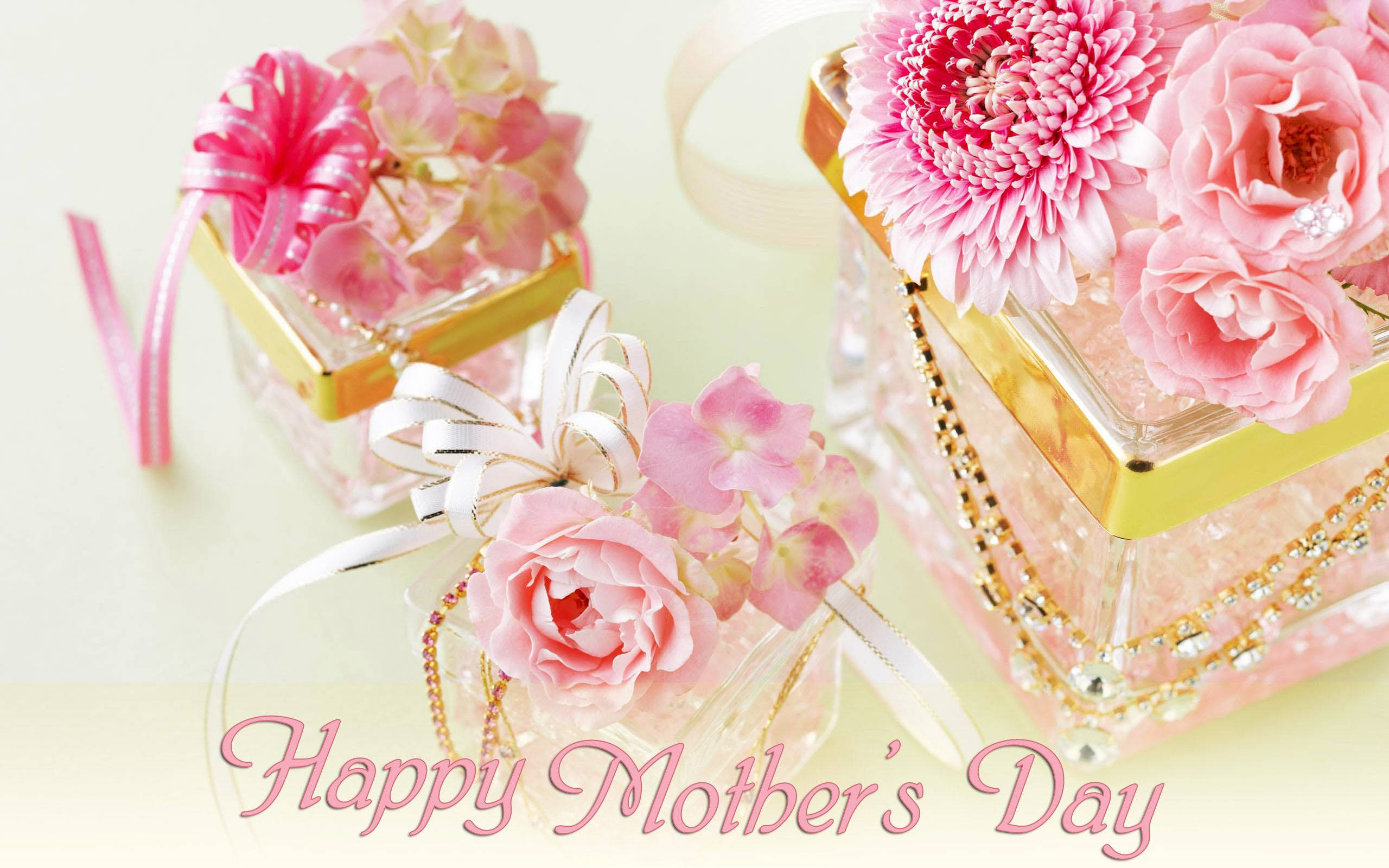 glamorous mother s day greeting, pink flowers, ribbons, 2K Desktop Wallpaper