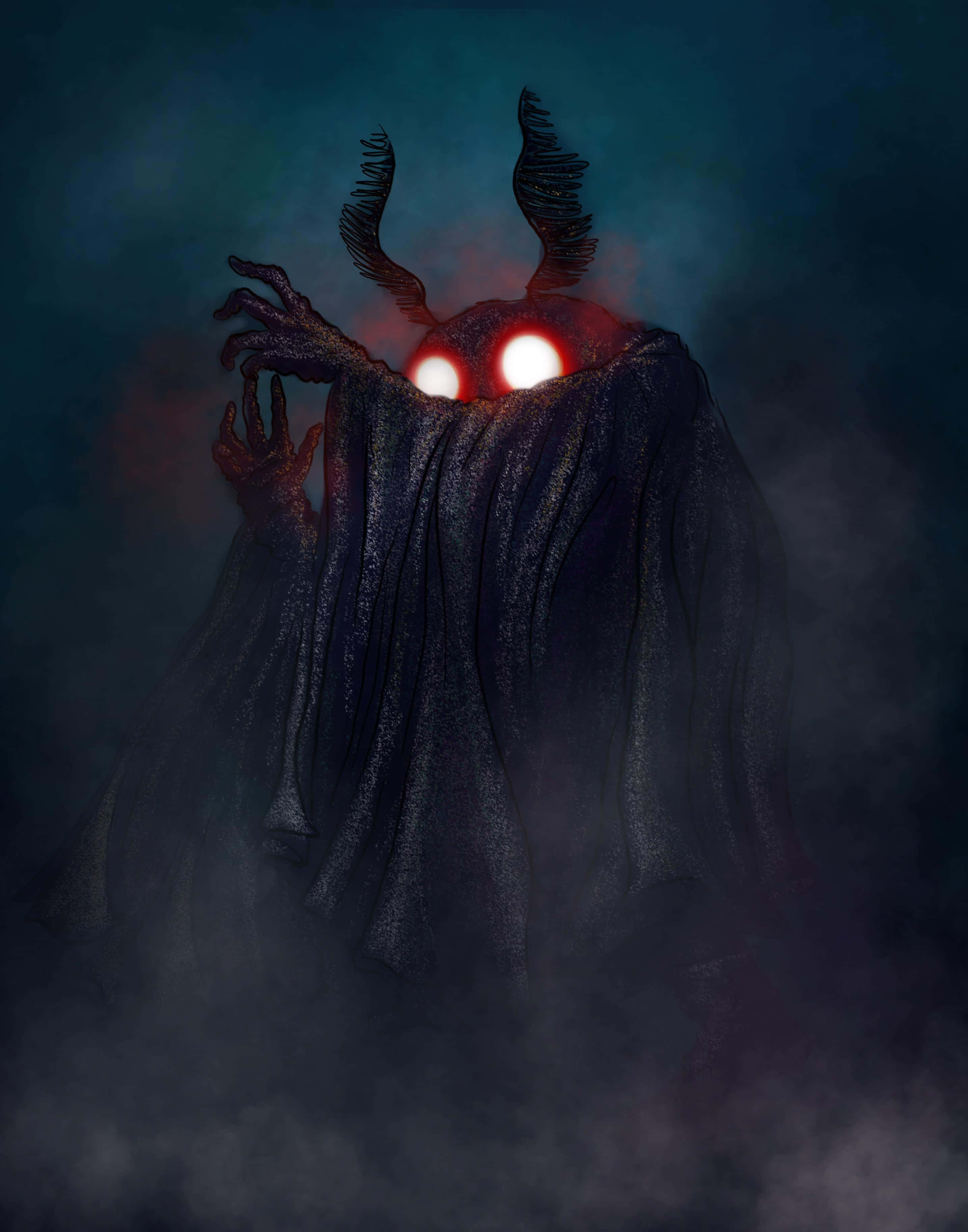 Mothman, glowing red eyes, horned head, 2K Phone Wallpaper