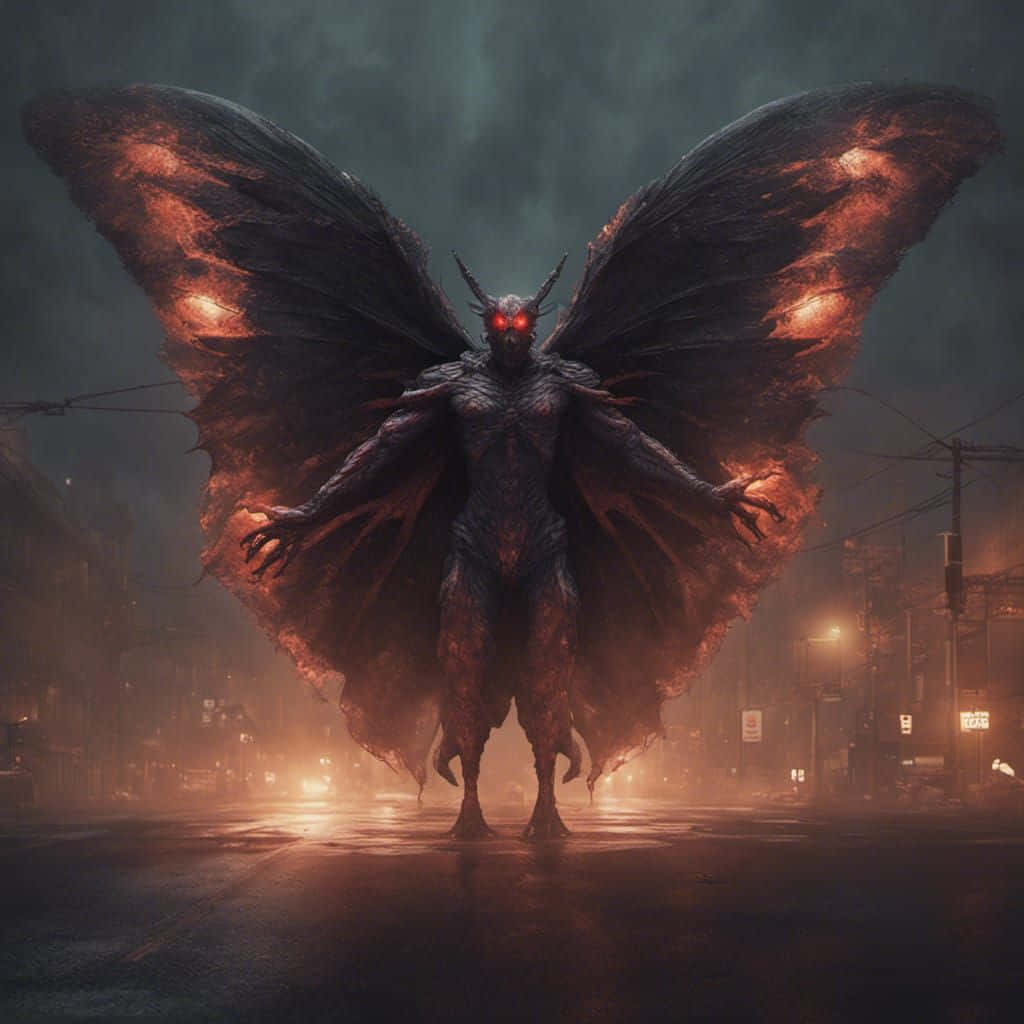 Mothman, glowing red eyes, fiery wings, SD Desktop Wallpaper