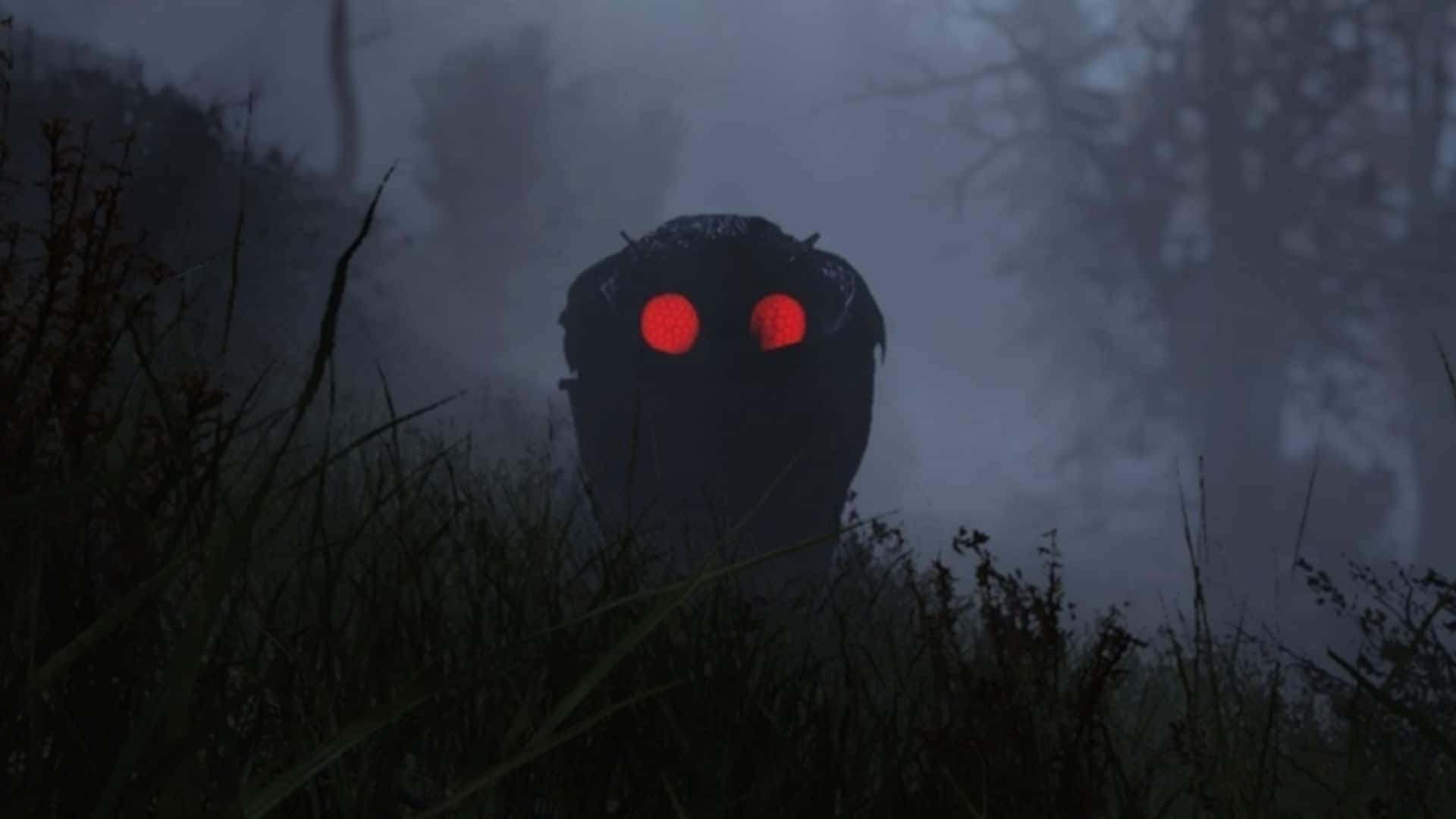 Mothman, glowing red eyes, misty grass, Full HD Desktop Wallpaper