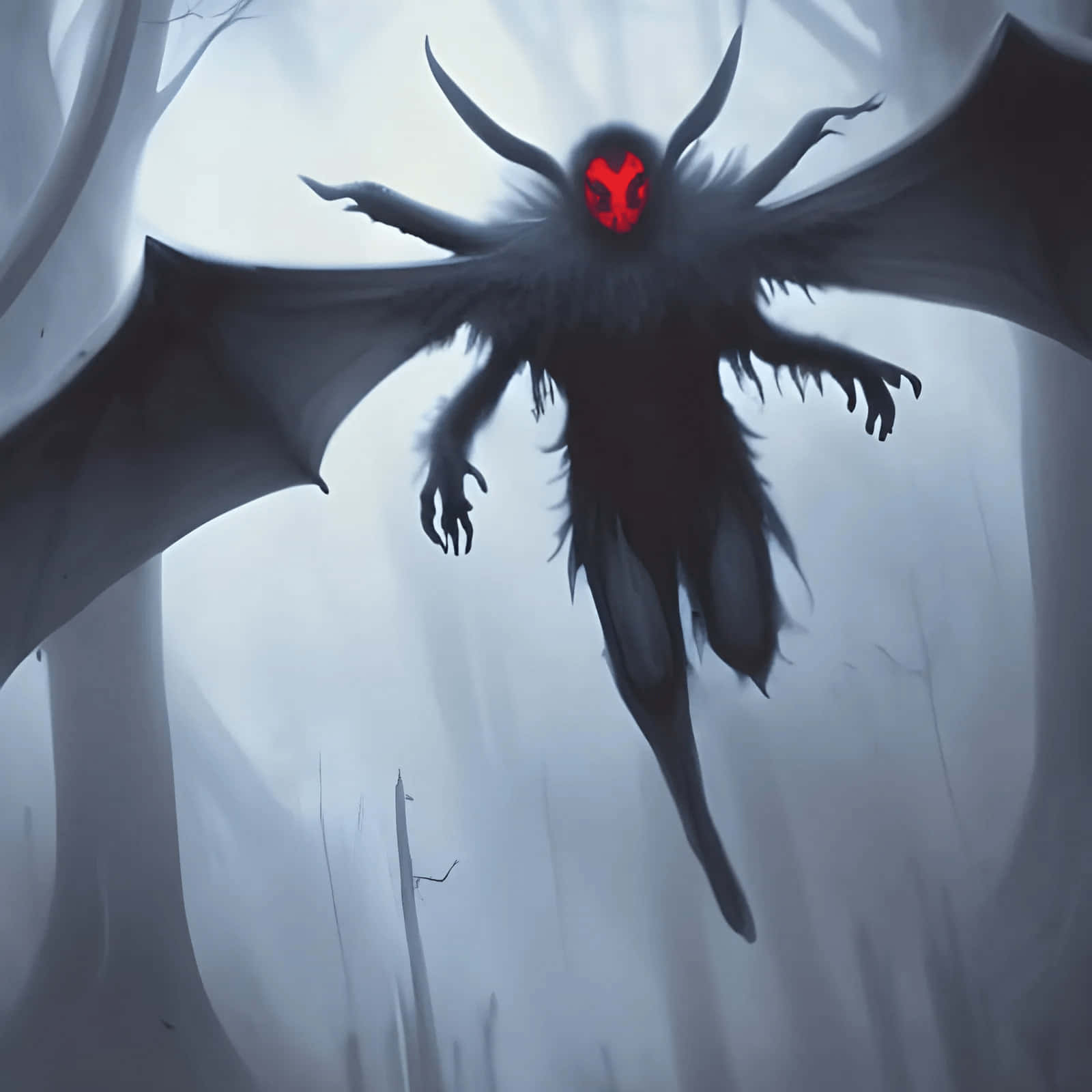 Mothman, glowing red eyes, misty forest, HD Desktop Wallpaper