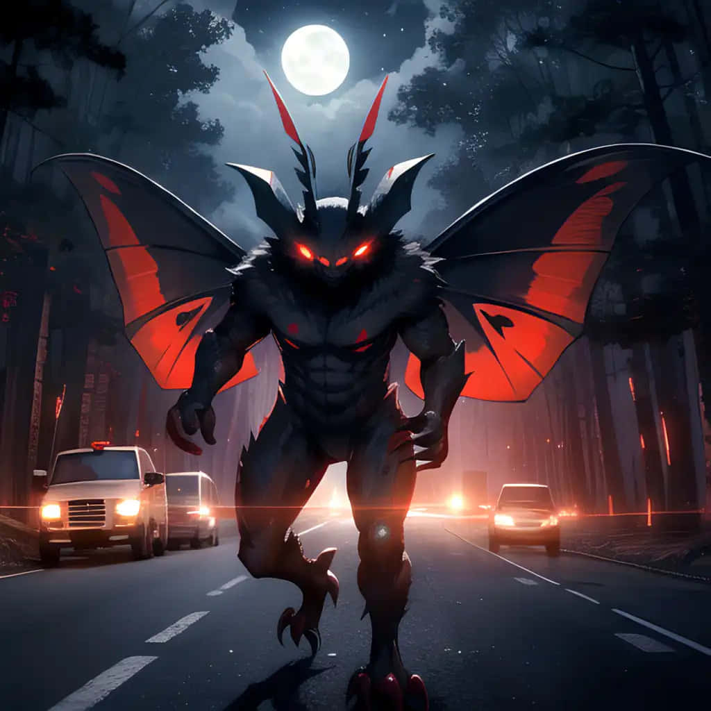 Mothman, moonlit forest road, glowing red eyes, SD Desktop Wallpaper